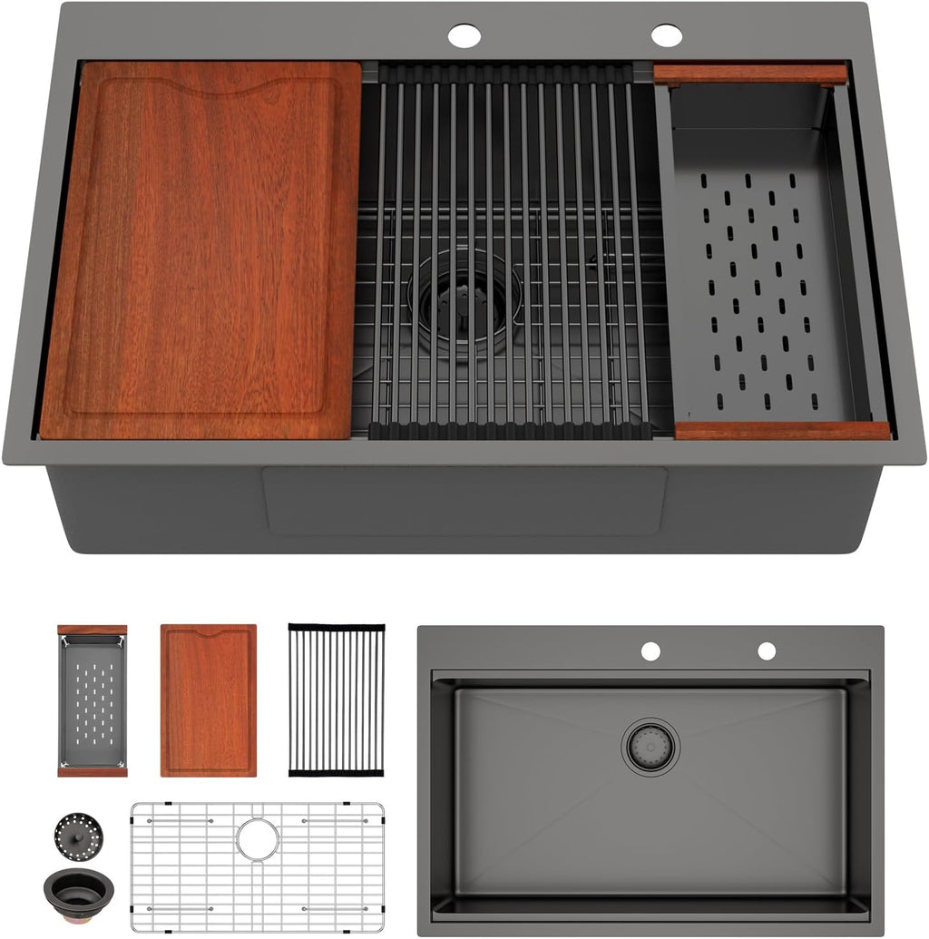 33in x19in  Black Drop In Kitchen Sink Workstation Nano Coating 304 Stainless Steel 16 Guage Handmade Topmount Single Bowl Deep Kitchen Sink Basin,LOF-B9989
