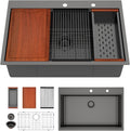 33in x19in  Black Drop In Kitchen Sink Workstation Nano Coating 304 Stainless Steel 16 Guage Handmade Topmount Single Bowl Deep Kitchen Sink Basin,LOF-B9989