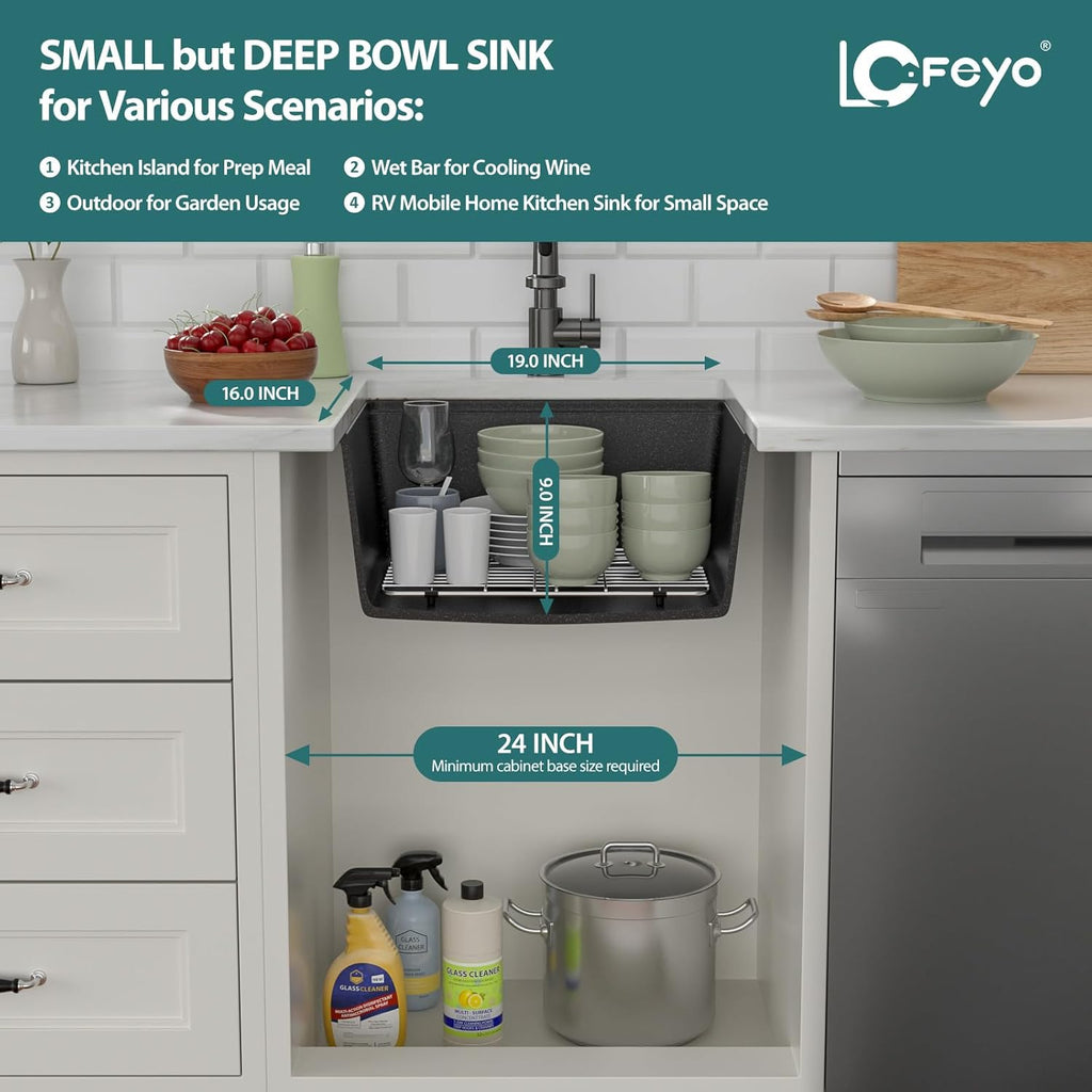 Black Undermount Kitchen Sink 21in x18in  Workstation Granite Composite Bar Sink Small Granite Sink Undermount Quartz Modern Under Counter Ledge Single Bowl Kitchen Sinks Basin Deep Sink,LOF-Q4574