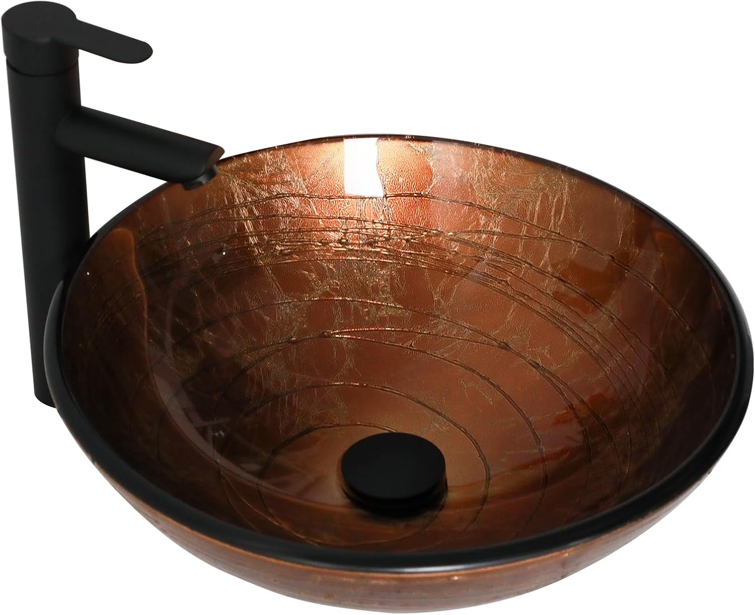Small Bathroom Sink 17in  Brwon Glass Vessel Sink With Faucet And Drain Combo Modern Round Shape Artistic Basin Bathroom Vessel Sink Above Counter Small 5in  Deep Vessel Sink LOF-BL33555