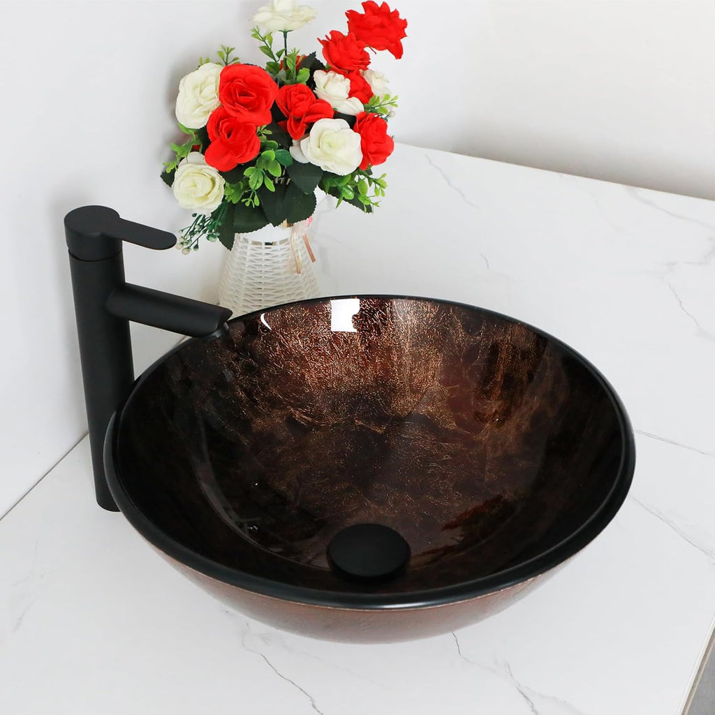 Small Bathroom Sink 17in  Brown Glass Vessel Sink With Faucet And Drain Combo Modern Round Shape Artistic Basin Bathroom Vessel Sink Above Counter Small 5in  Deep Vessel Sink LOF-BL33558