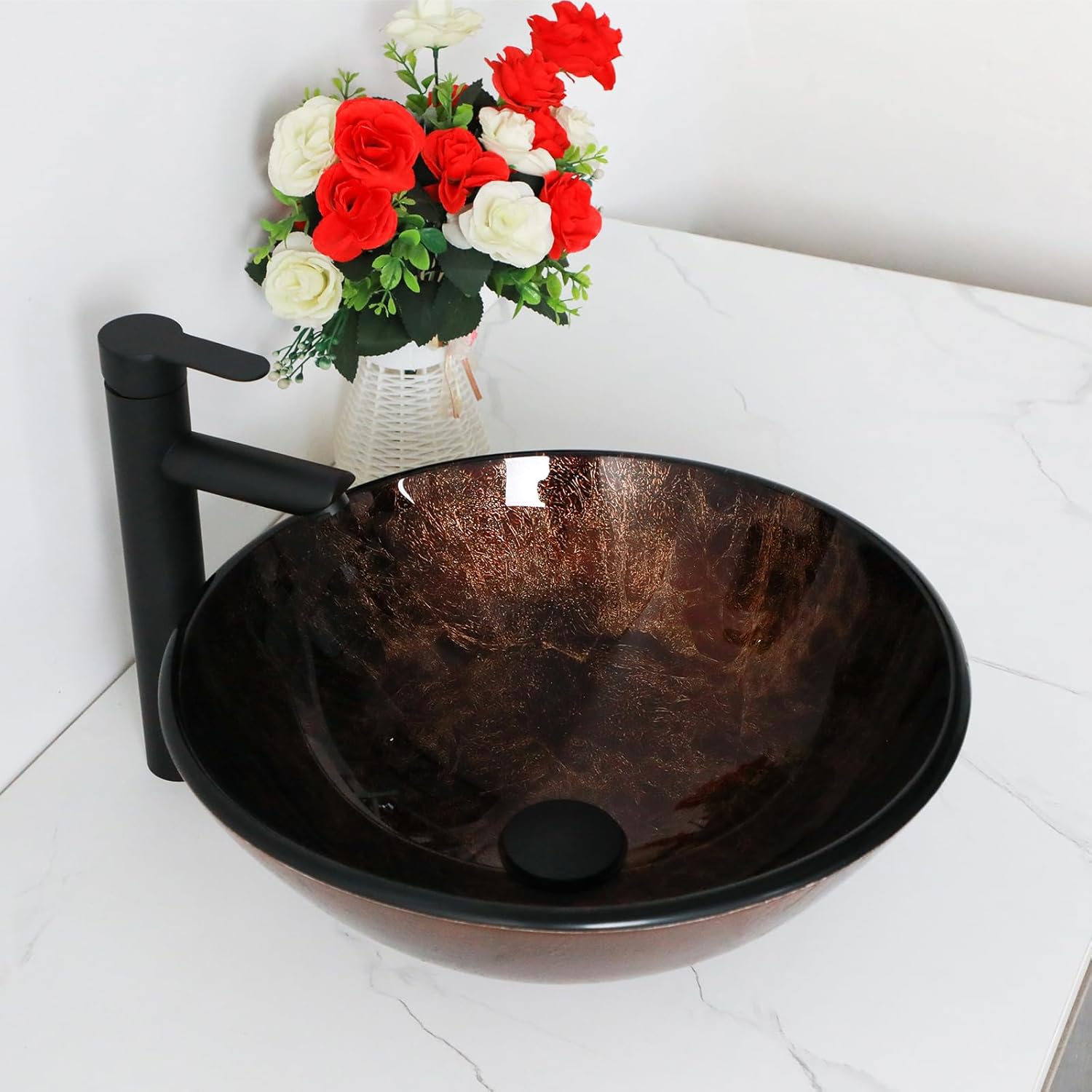 Small Bathroom Sink 17in  Brown Glass Vessel Sink With Faucet And Drain Combo Modern Round Shape Artistic Basin Bathroom Vessel Sink Above Counter Small 5in  Deep Vessel Sink LOF-BL33558