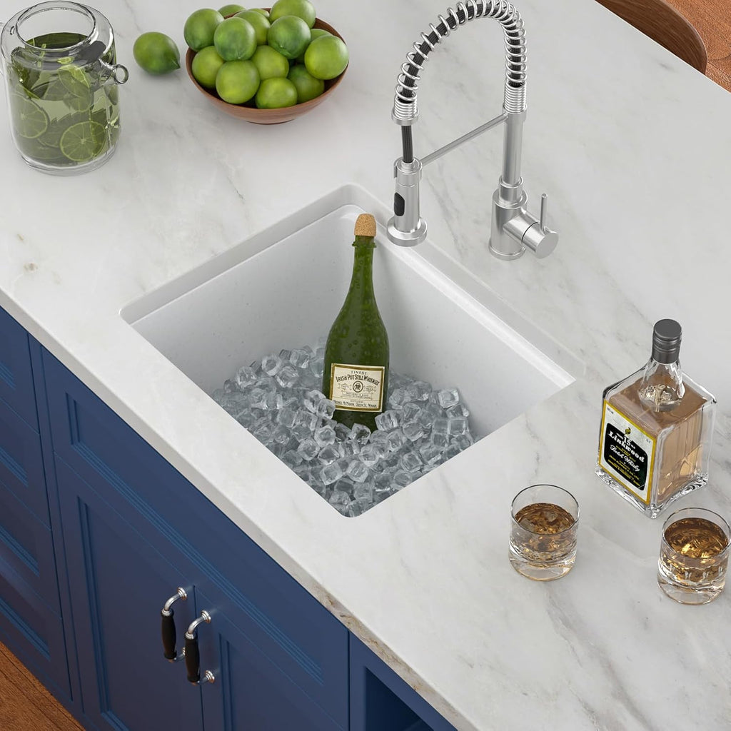 White Undermount Kitchen Sink 21in x18in  Workstation Granite Composite Bar Sink Small Granite Sink Undermount Quartz Modern Under Counter Ledge Single Bowl Kitchen Sinks Basin Deep Sink,LOF-Q2313
