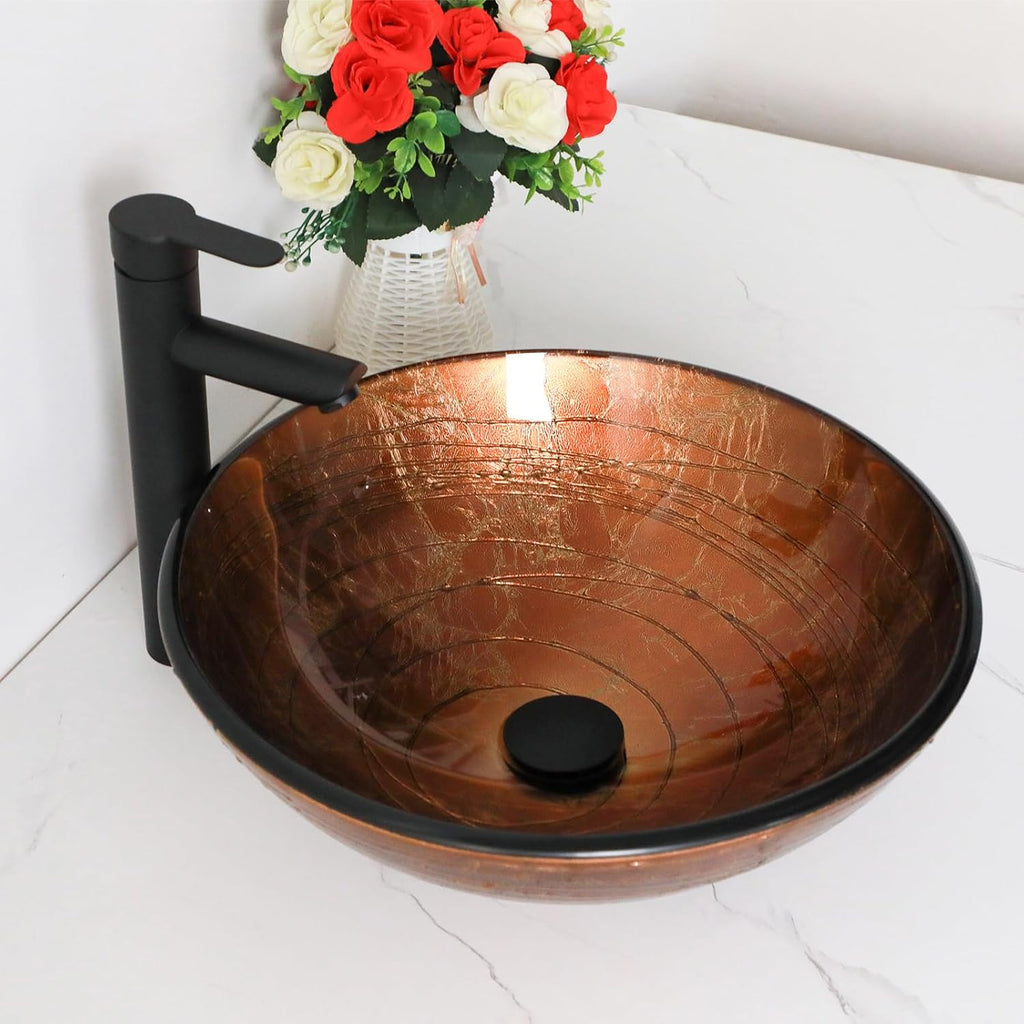 Small Bathroom Sink 17in  Brwon Glass Vessel Sink With Faucet And Drain Combo Modern Round Shape Artistic Basin Bathroom Vessel Sink Above Counter Small 5in  Deep Vessel Sink LOF-BL33555