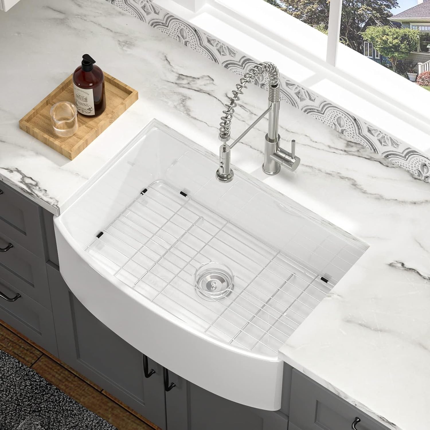 33 Farmhouse Sink White - Lofeyo 33 x 19 Inch Farm Kitchen Sink Curved Apron Front Fireclay Ceramic Porcelain Single Bowl Farmer Kitcehn Sink Basin