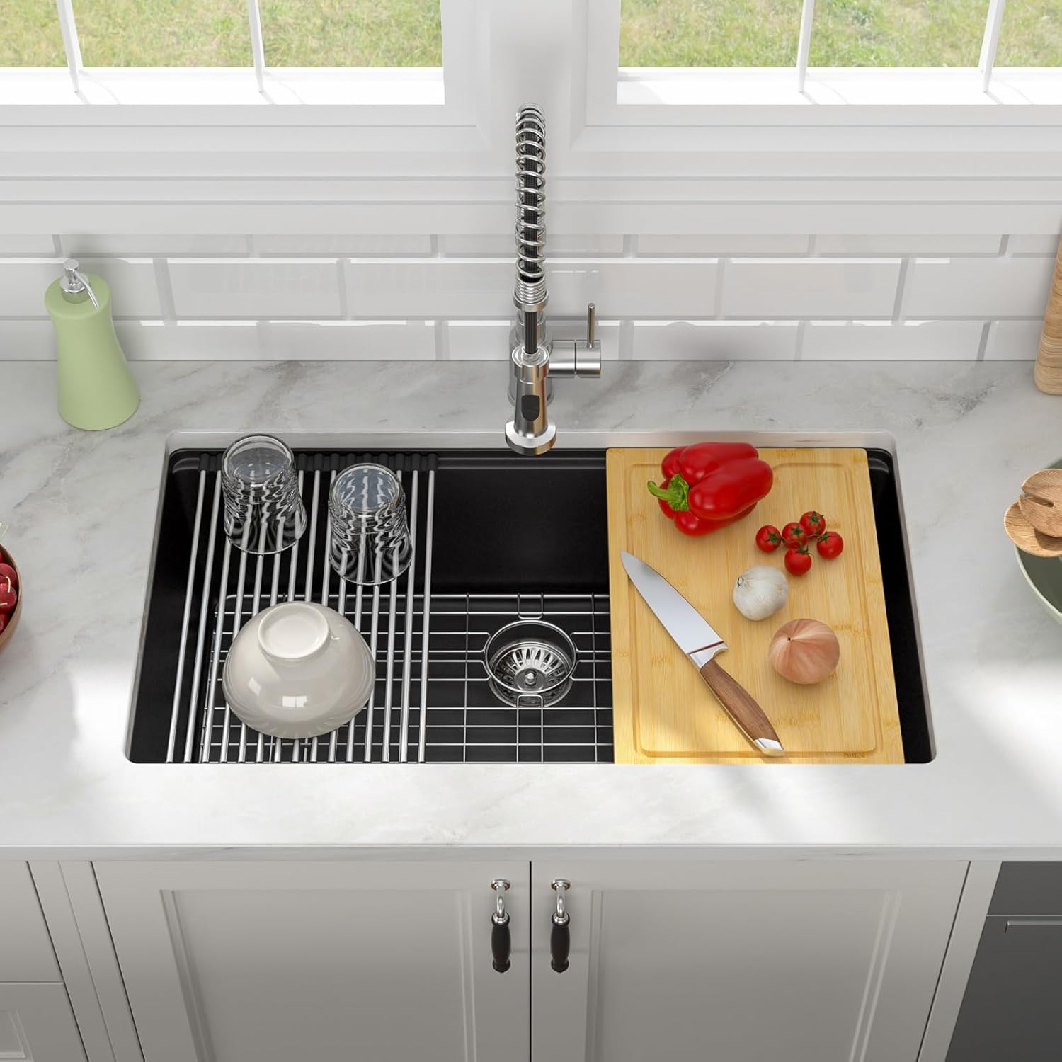 33 Black Granite Composite Kitchen Sink Lofeyo 33in x19in  Black Undermount Ledge Workstation Kitchen Sink Matte Black Granite Composite Quartz Single Bowl Modern Deep Sink Basin