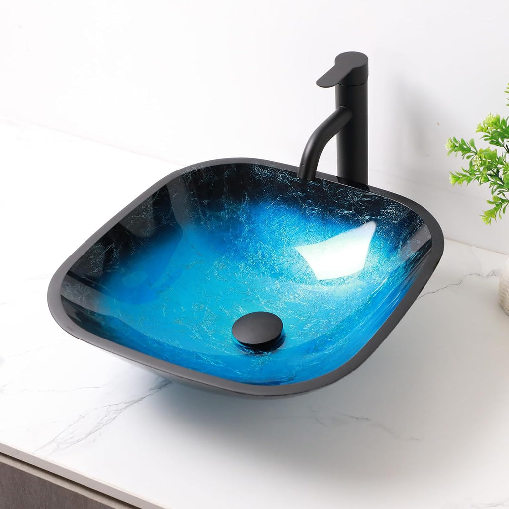 Bowl Sinks For Bathrooms Elegant And Space-Saving Boat Shape Rectangular Glass Vessel Sink With Faucet And Drain Combo Small Modern Artistic Basin Sink,Rectangle Sky Blue,LOF-LMPG002