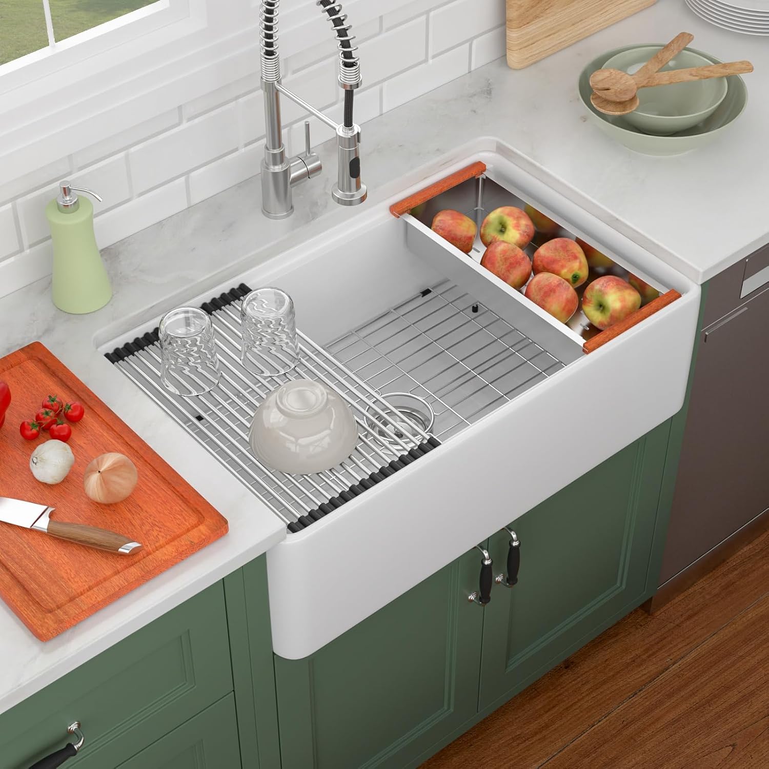 33 inch White Farmhouse Sink Workstation - 33 Farm Sink with Slide Ledge Flat Apron Front White Undermount Fireclay Ceramic Porcelain Farmer Kitchen Sink, Single Bowl Basin