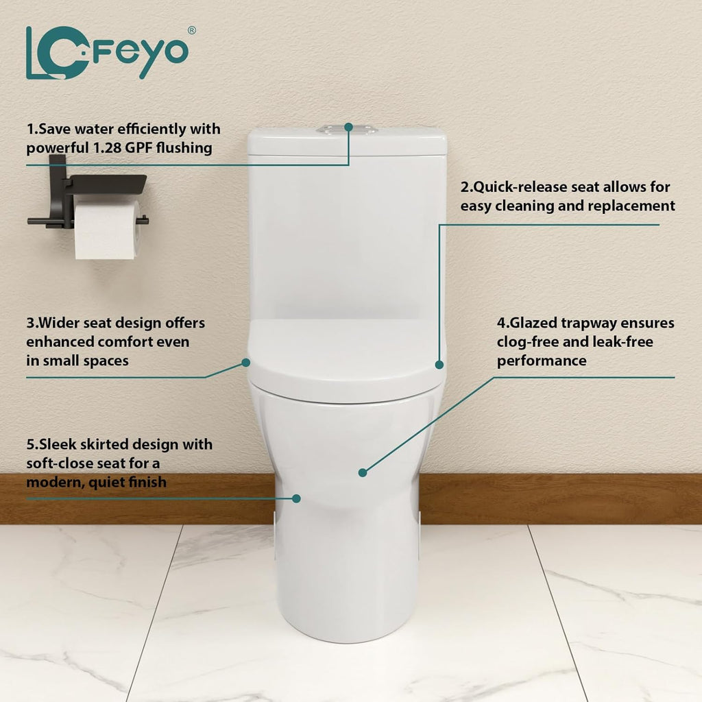 Elongated Dual Flush Toilet 0.8/1.28 GPF One Piece Toilet Compact Toilet Quick Flush Toilet With Comfortable Seat Hight Powerful Quick Modern Standard White Bathroom Toilet LOF-T1025