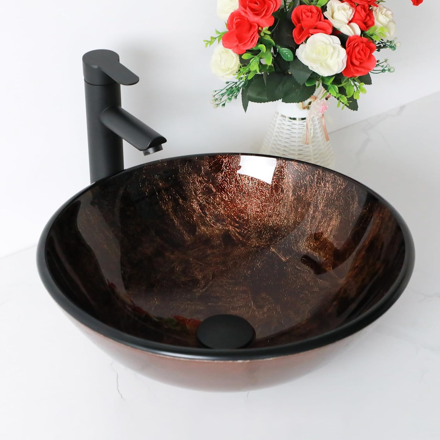 Small Bathroom Sink 17in  Brown Glass Vessel Sink With Faucet And Drain Combo Modern Round Shape Artistic Basin Bathroom Vessel Sink Above Counter Small 5in  Deep Vessel Sink LOF-BL33558