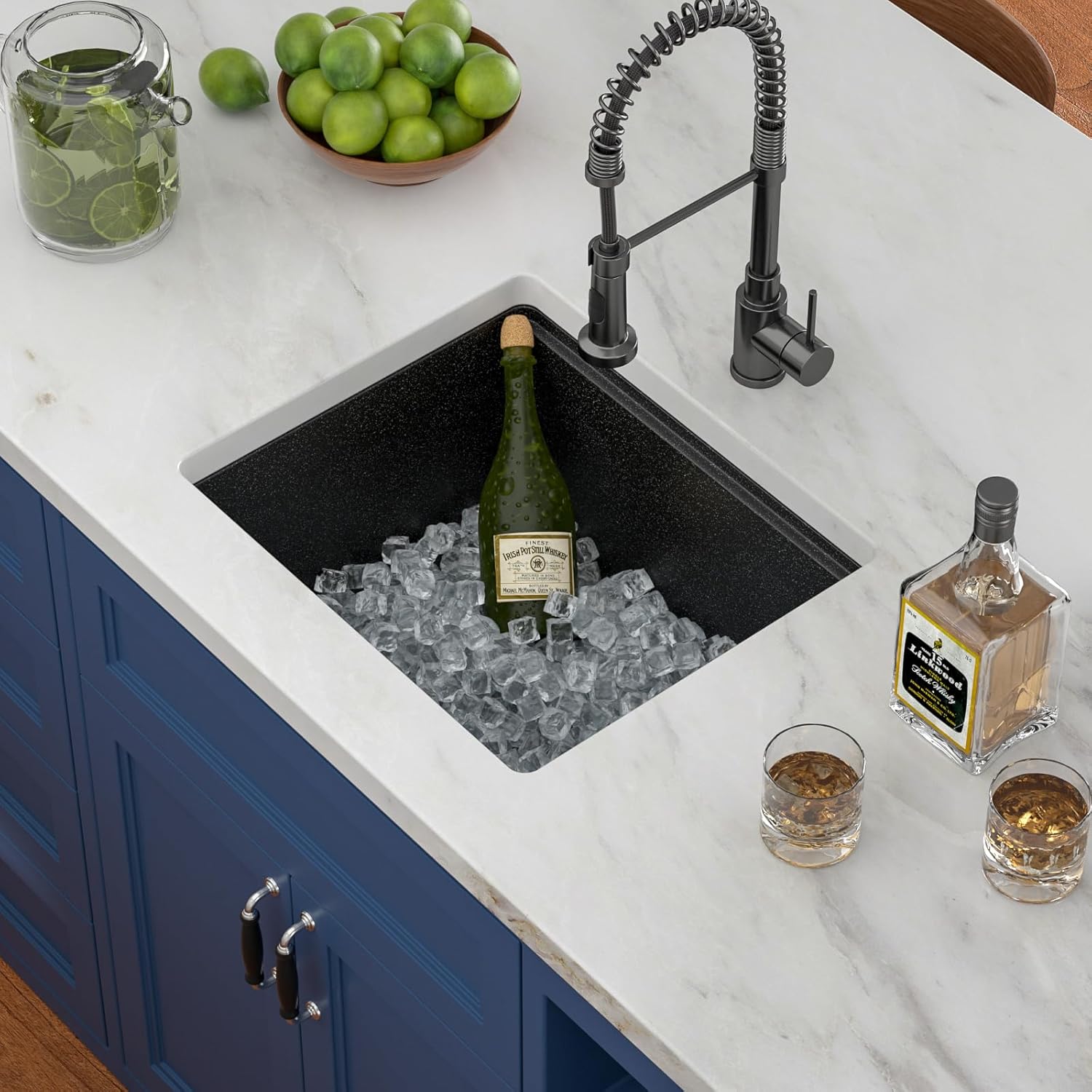 Black Undermount Kitchen Sink 21in x18in  Workstation Granite Composite Bar Sink Small Granite Sink Undermount Quartz Modern Under Counter Ledge Single Bowl Kitchen Sinks Basin Deep Sink,LOF-Q4574