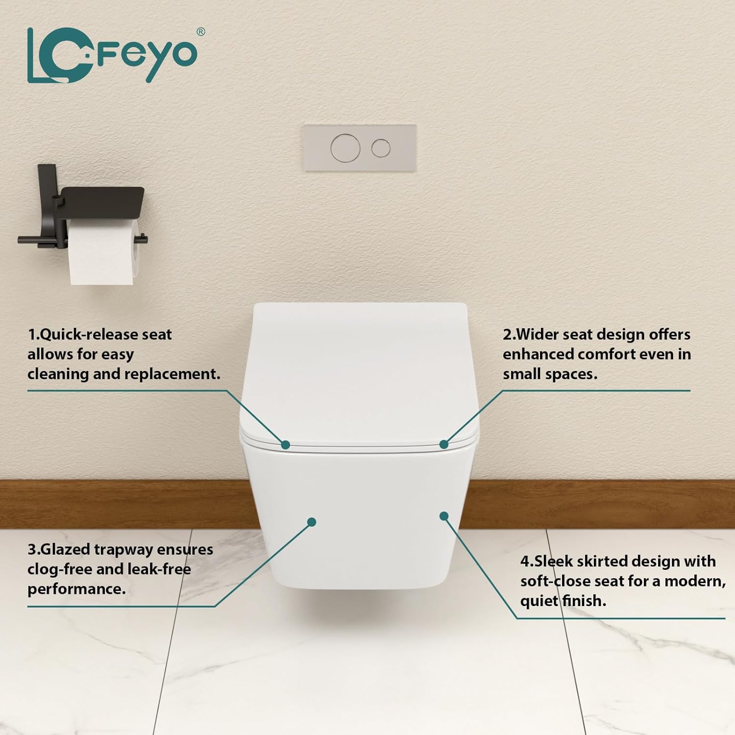 Wall Mount Toilet Elongated Dual Flush Toilet 1.28 GPF One Piece Toilet Compact Flush Toilet With Comfortable Seat Hight Powerful Quick Modern Standard White Bathroom Toilet LOF-T1021