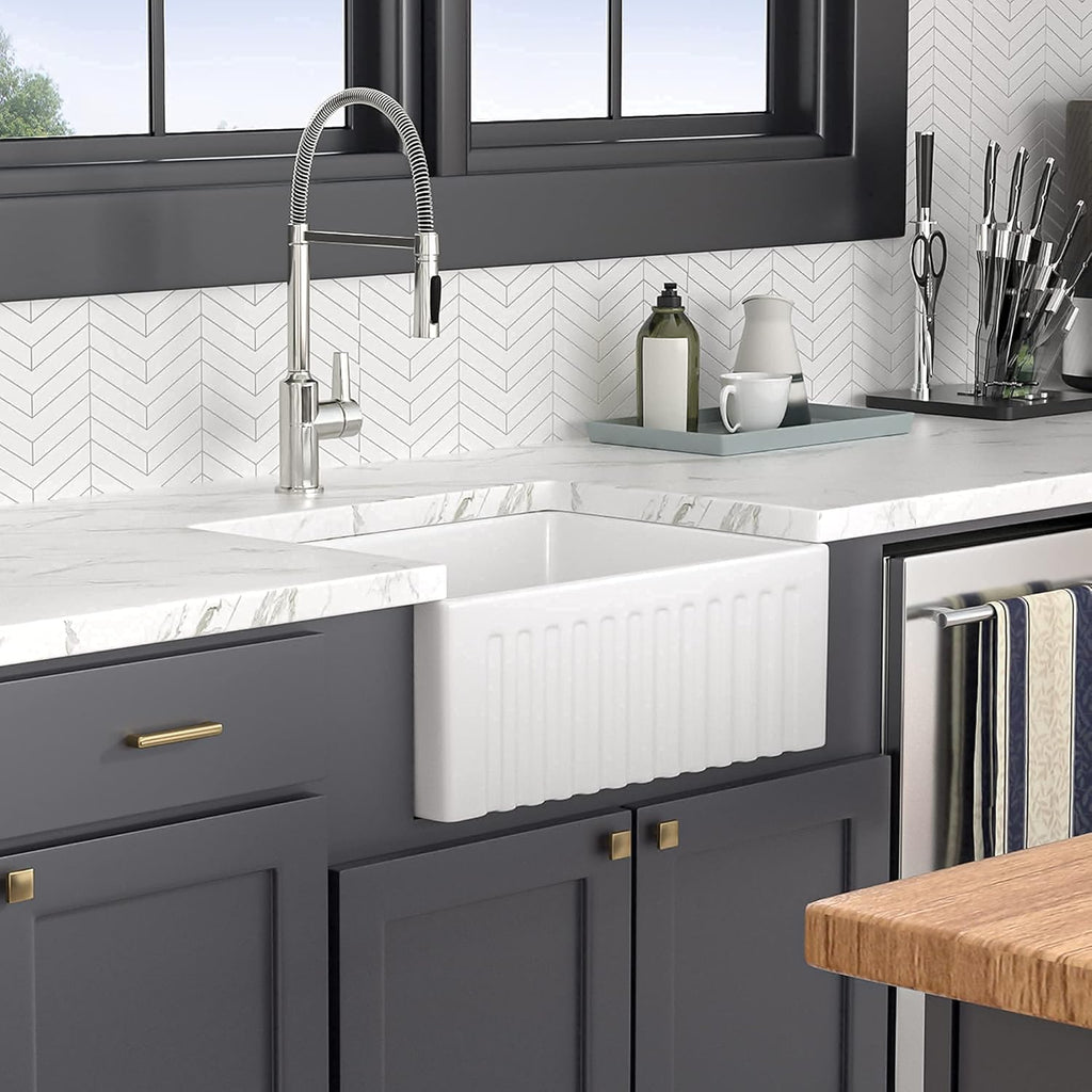 24 White Farmhouse Sink, Lofeyo 24 Inch Utility Laundry Sink Apron Front Reversible Single Bowl Fireclay Ceramic Porcelain Sink for Kitchen Laundry Room