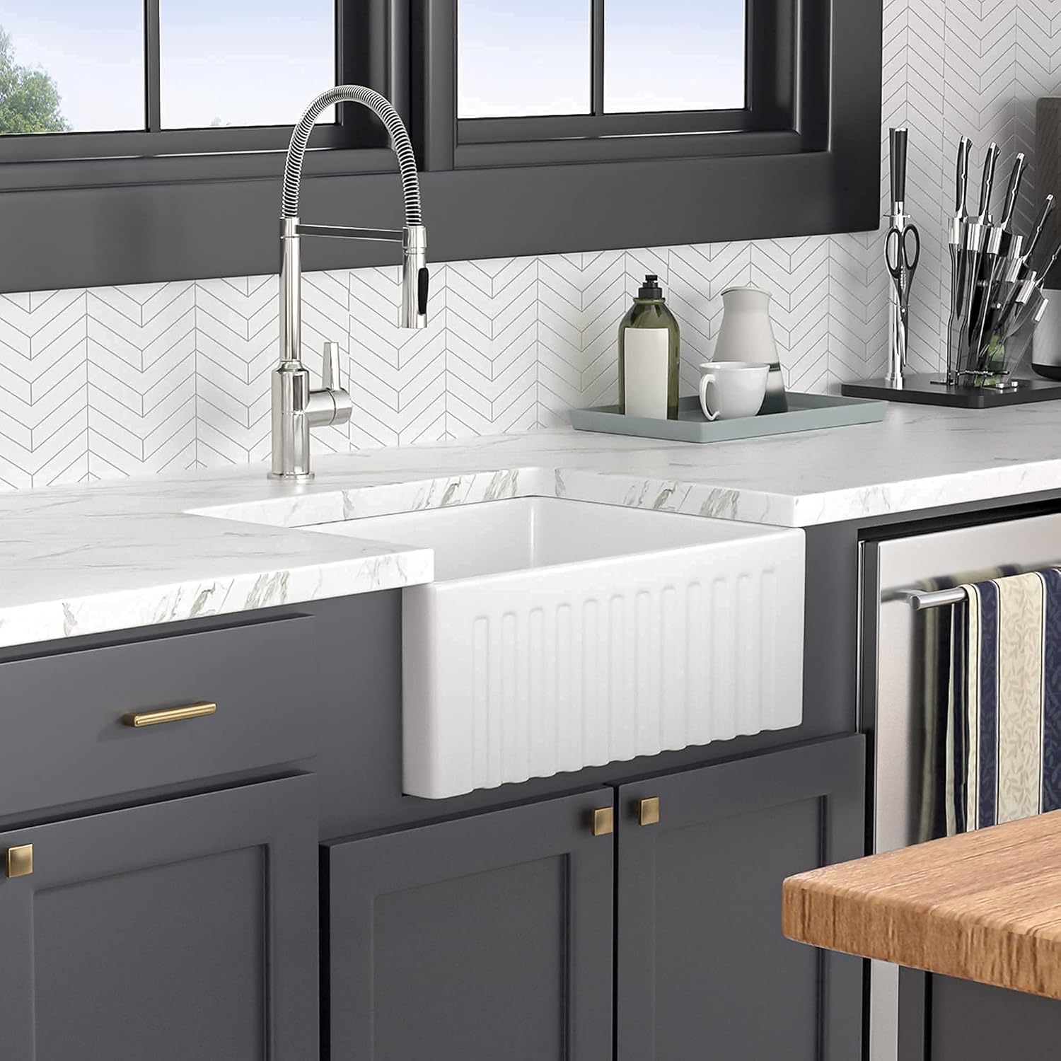 24 White Farmhouse Sink, Lofeyo 24 Inch Utility Laundry Sink Apron Front Reversible Single Bowl Fireclay Ceramic Porcelain Sink for Kitchen Laundry Room