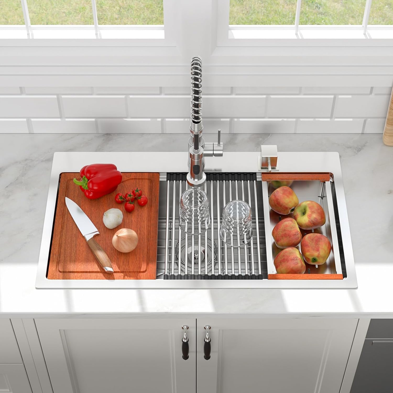 33in x19in  Drop In Kitchen Sink Workstation 304 Stainless Steel 16 Guage Handmade Topmount Single Bowl Modern Deep Kitchen Sink Basin,LOF-B9995