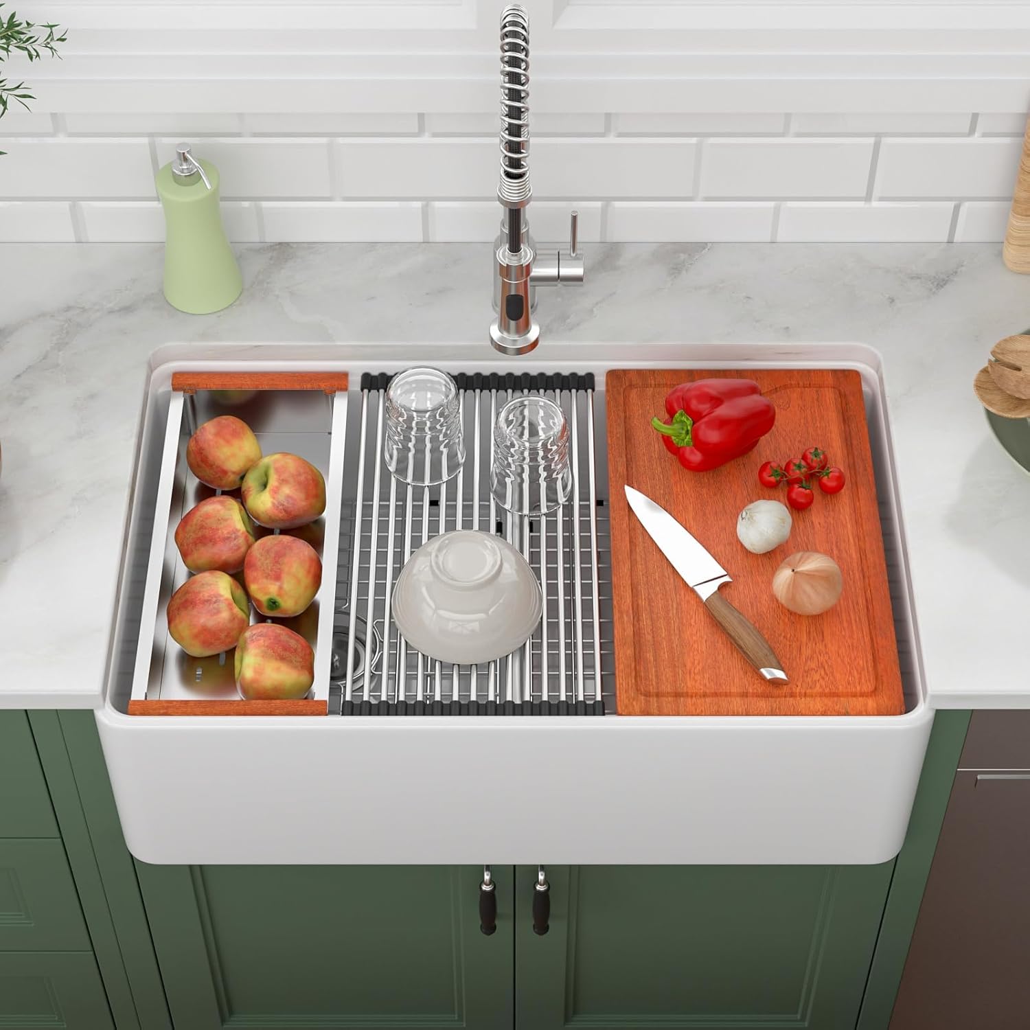 33 Farmhouse Sink Lofeyo 33in x20in x10in  White Double Bowl 50/50 Workstation Farmhouse Kitchen Sink Apron Front White Ceramic Porcelain Fireclay Single Bowl Rectangular Farmer Sink Basin,LOF-LWFST33205X