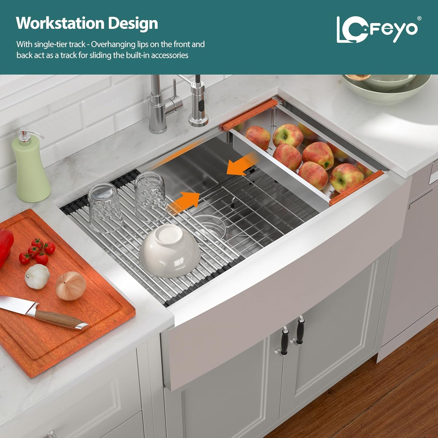 33in x22in  Stainless Steel Farmhouse Kitchen Sink, Single Bowl Apron Front Workstation Sink with Integrated Ledge, Cutting Board, Colander, and Roll-Up Drying Rack, 16 Gauge 304 Stainless Steel
