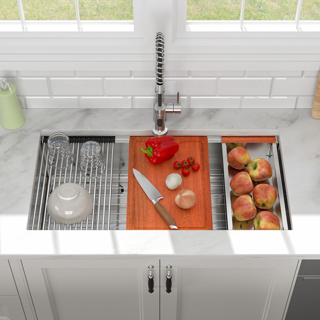 36in x19in  Undermount Kitchen Sink Workstation 304 Stainless Steel 16 Guage Handmade Under Counter Single Bowl Modern Deep Kitchen Sink Basin,LOF-B9993