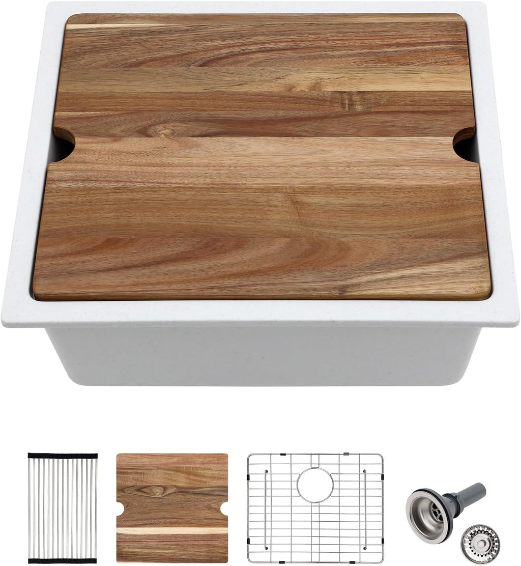 White Undermount Kitchen Sink 21in x18in  Workstation Granite Composite Bar Sink Small Granite Sink Undermount Quartz Modern Under Counter Ledge Single Bowl Kitchen Sinks Basin Deep Sink,LOF-Q2313