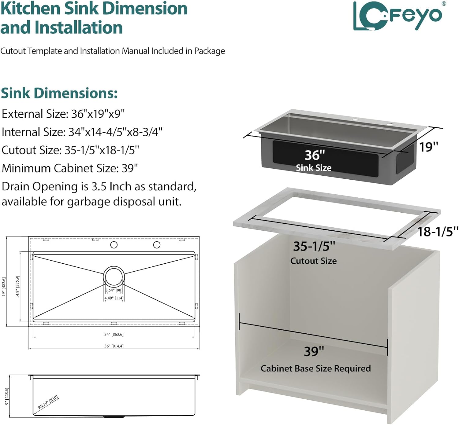 36in x19in  Drop In Kitchen Sink Workstation 304 Stainless Steel 16 Guage Handmade Topmount Single Bowl Modern Deep Kitchen Sink Basin,LOF-B9996