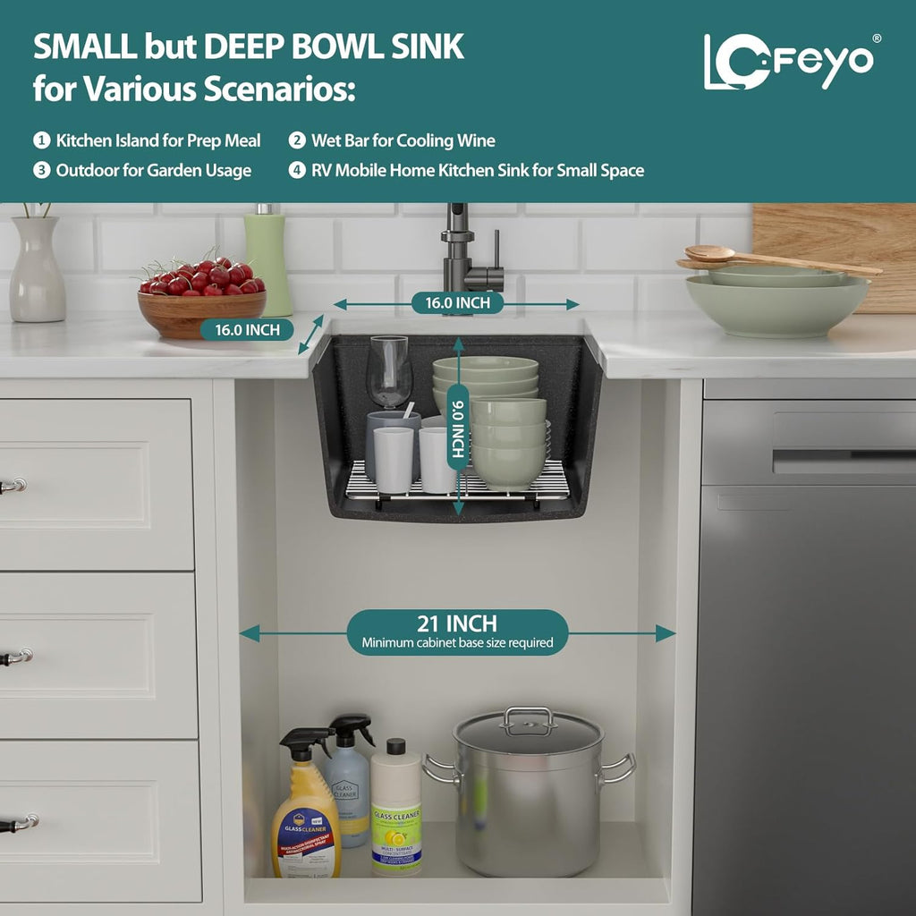 Black Undermount Kitchen Sink 18in x18in  Workstation Granite Composite Bar Sink Small Granite Sink Undermount Quartz Modern Under Counter Ledge Single Bowl Kitchen Sinks Basin Deep Sink,LOF-Q4528