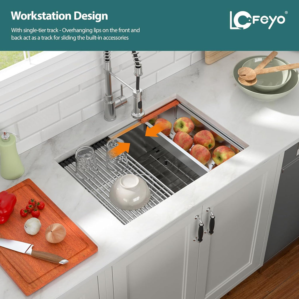 27in x19in  Undermount Workstation Kitchen Sink 304 Stainless Steel 16 Gauge Single Bowl Under Counter Kitchen Ledge Handmade Contemporary Deep Sink Basin