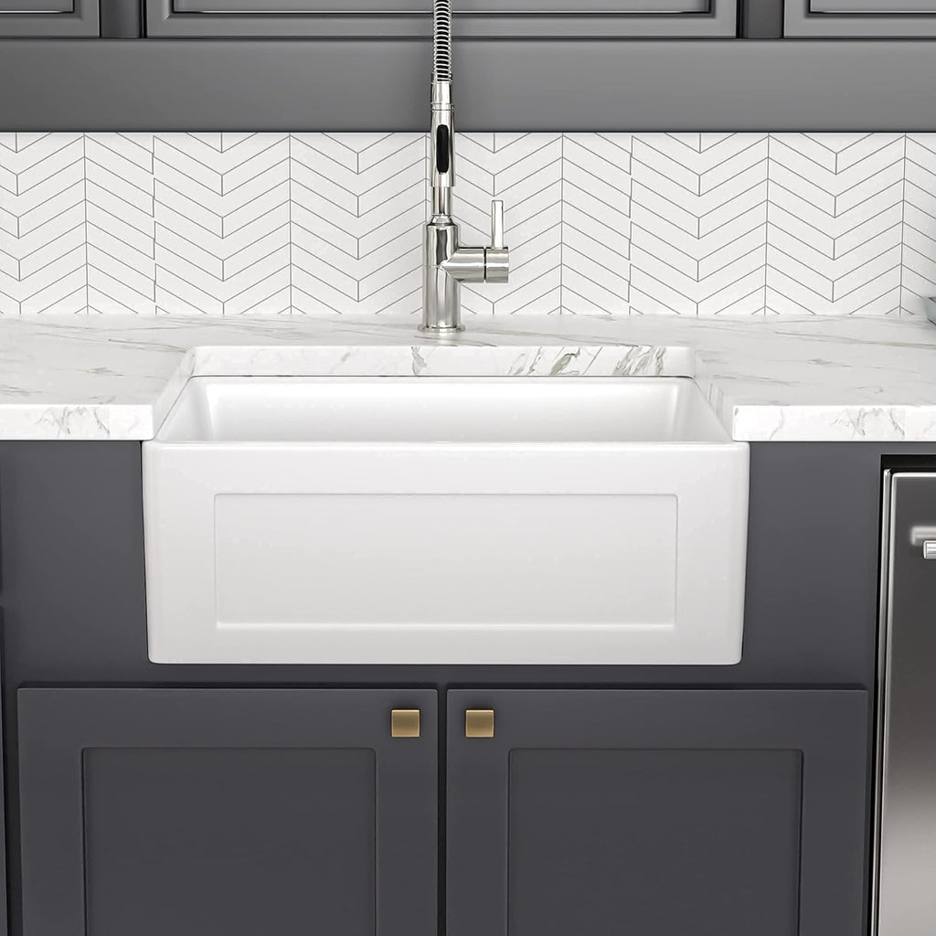 24 White Farmhouse Sink, Lofeyo 24 Inch Utility Laundry Sink Apron Front Reversible Single Bowl Fireclay Ceramic Porcelain Sink for Kitchen Laundry Room