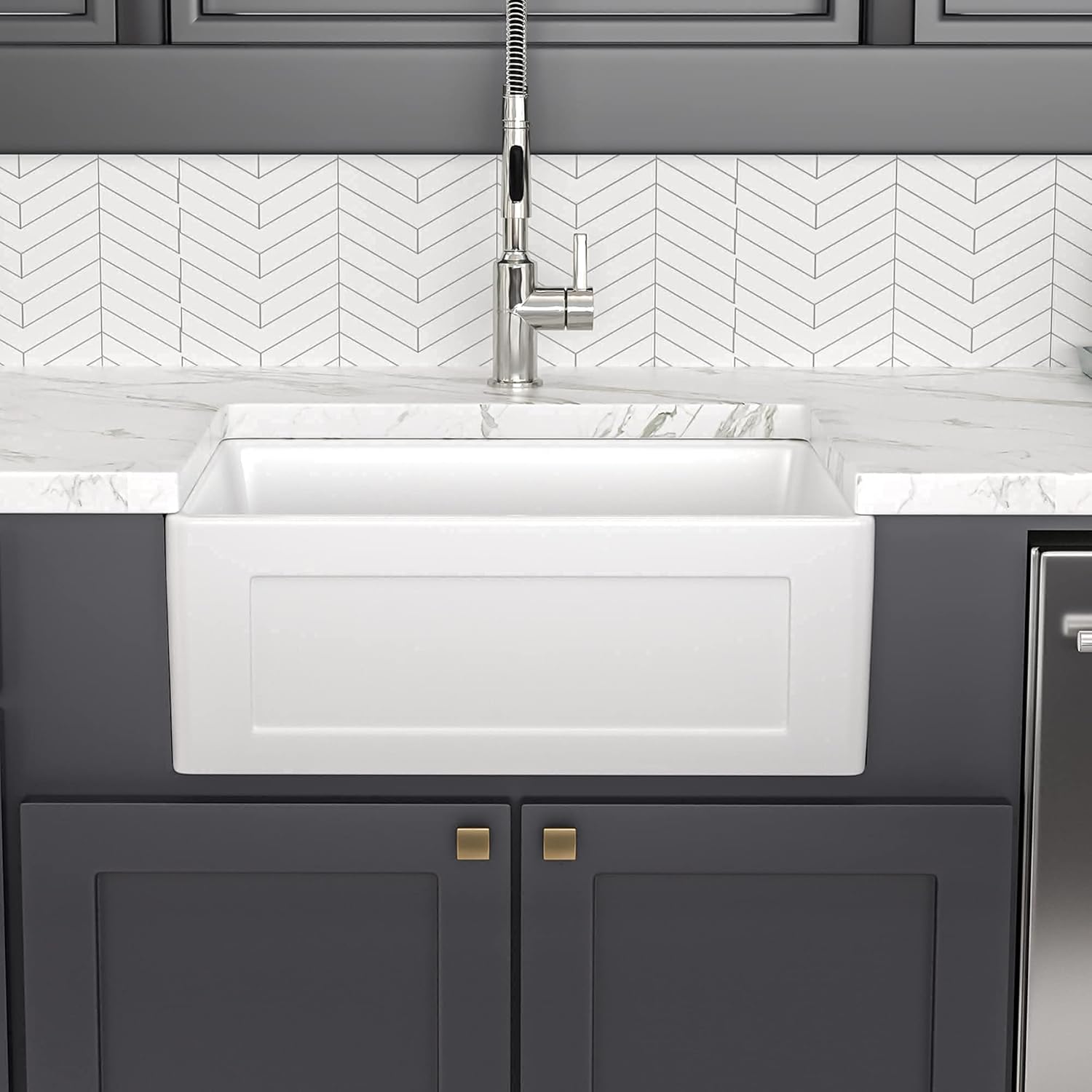 24 White Farmhouse Sink, Lofeyo 24 Inch Utility Laundry Sink Apron Front Reversible Single Bowl Fireclay Ceramic Porcelain Sink for Kitchen Laundry Room