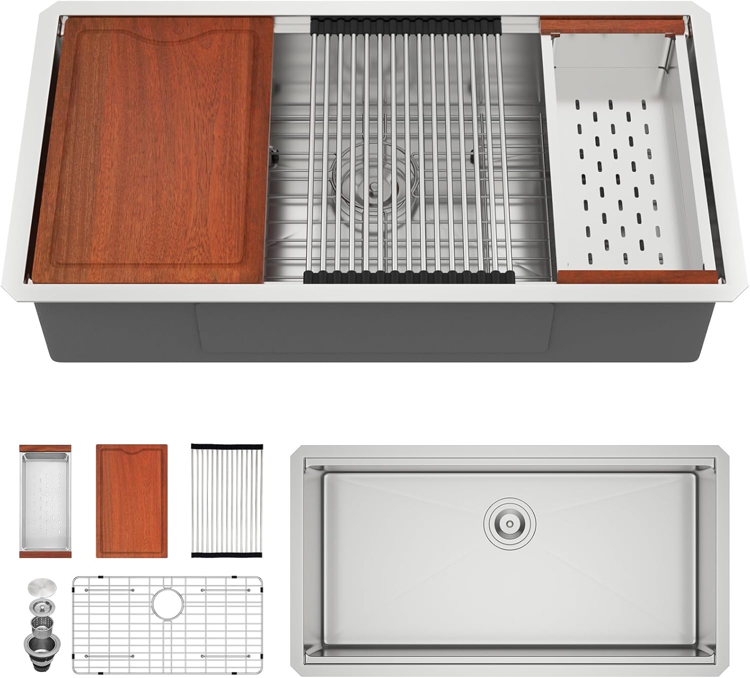 36in x19in  Undermount Kitchen Sink Workstation 304 Stainless Steel 16 Guage Handmade Under Counter Single Bowl Modern Deep Kitchen Sink Basin,LOF-B9993
