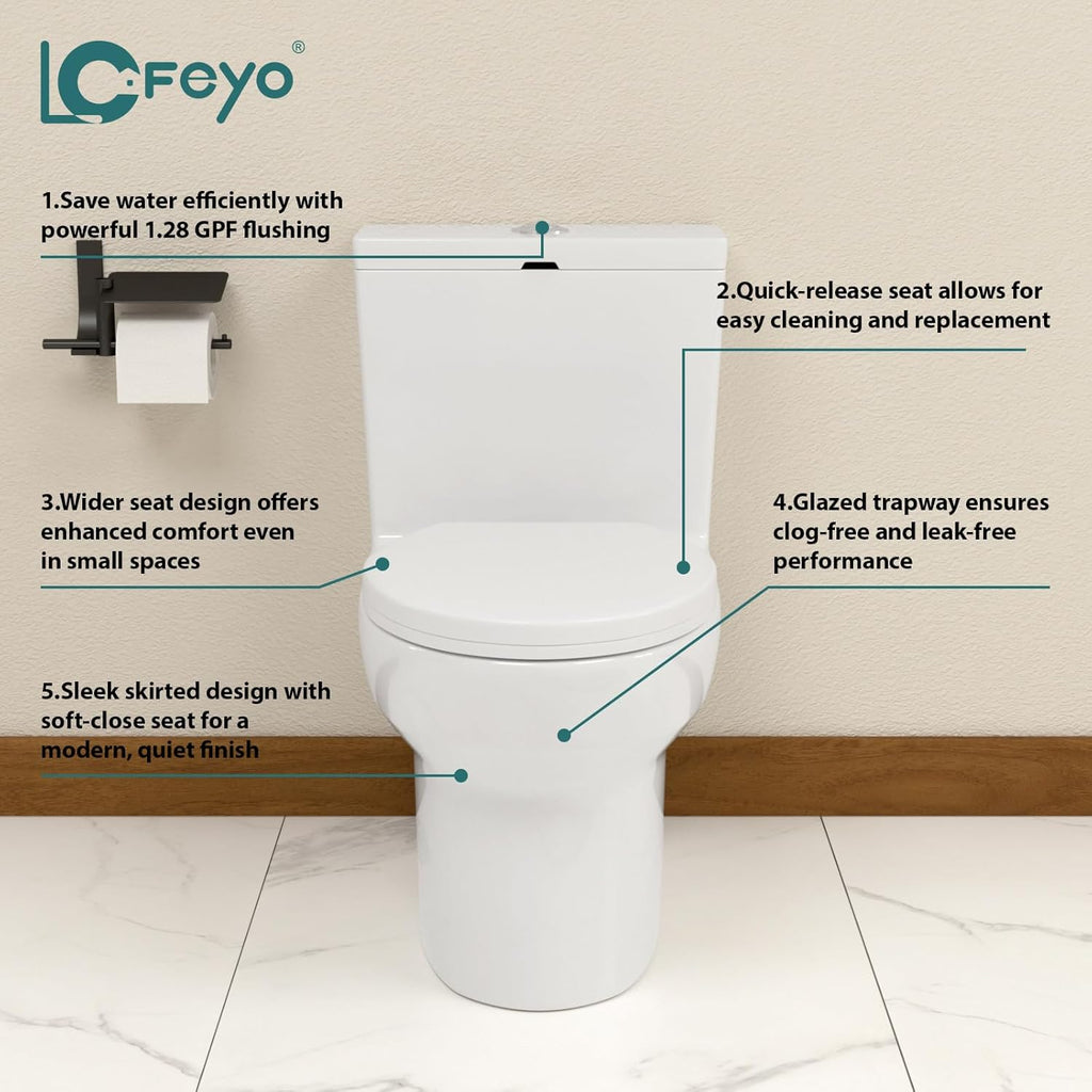 Elongated Dual Flush Toilet 0.8/1.28 GPF One Piece Toilet Compact Toilet Quick Flush Toilet With Comfortable Seat Hight Powerful Quick Modern Standard White Bathroom Toilet LOF-T1023
