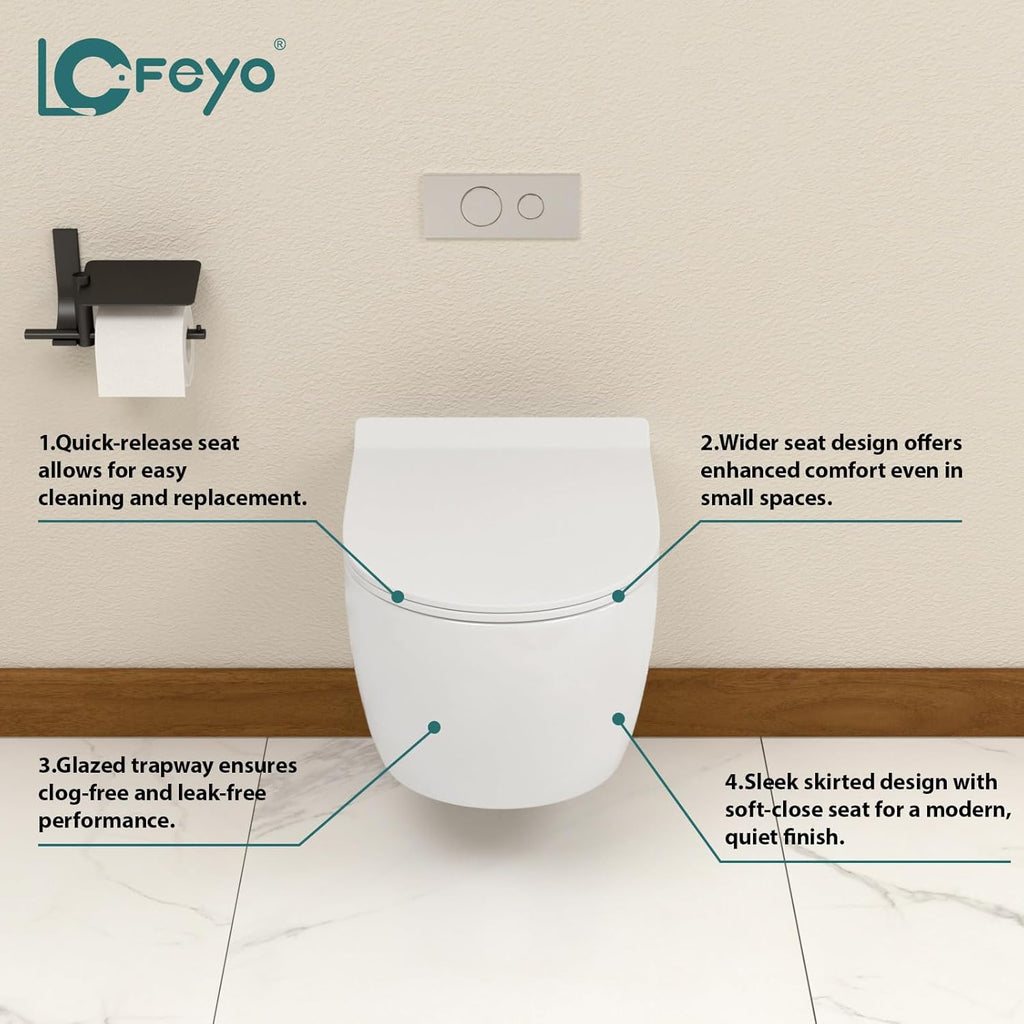 Wall Mount Toilet Elongated Dual Flush Toilet 1.28 GPF One Piece Toilet Compact Flush Toilet With Comfortable Seat Hight Powerful Quick Modern Standard White Bathroom Toilet LOF-T1020