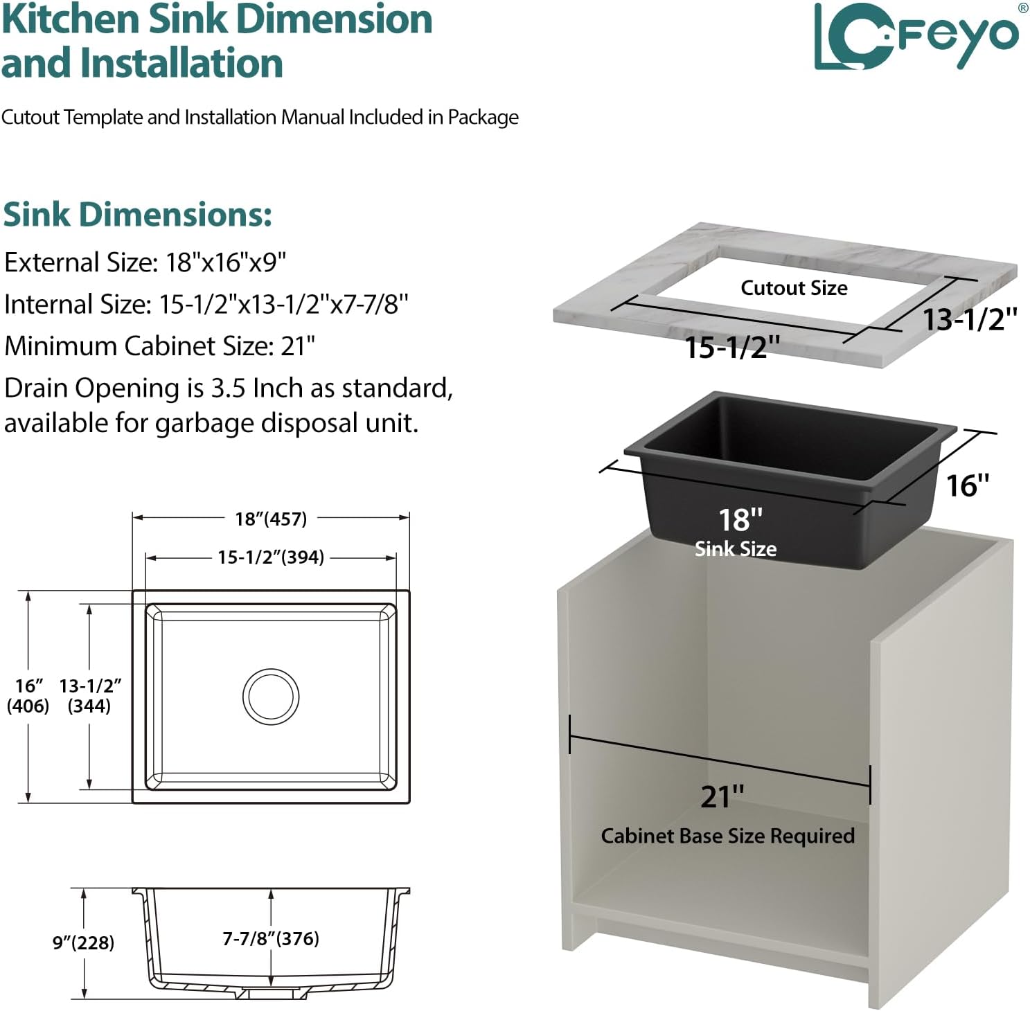 Black Undermount Kitchen Sink 18in x16in  Granite Composite Bar Sink Black Small Granite Sink Undermount Quartz Modern Under Counter Ledge Single Bowl Kitchen Sinks Basin Deep Sink,LOF-Q4542