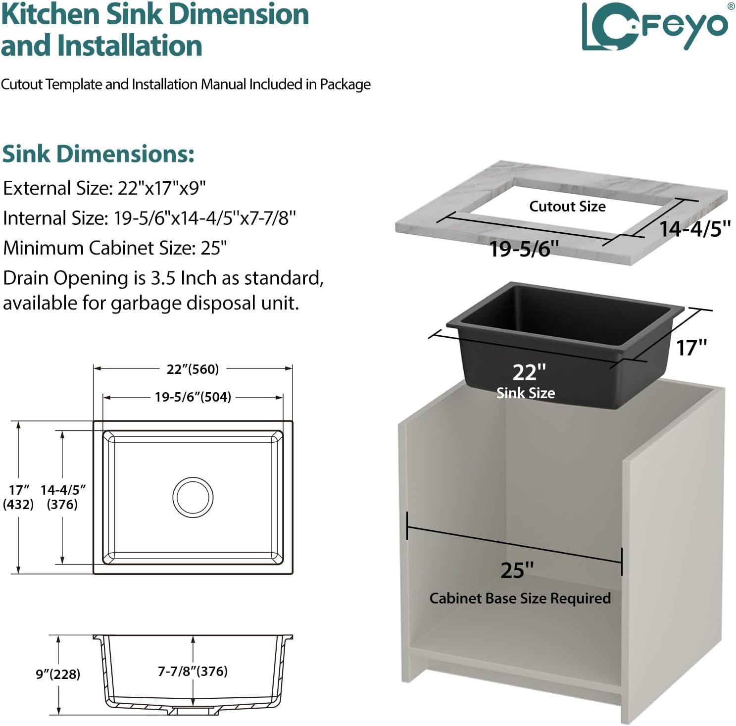 Black Undermount Kitchen Sink 22in x17in  Granite Composite Bar Sink Black Small Granite Sink Undermount Quartz Modern Under Counter Ledge Single Bowl Kitchen Sinks Basin Deep Sink,LOF-Q456V