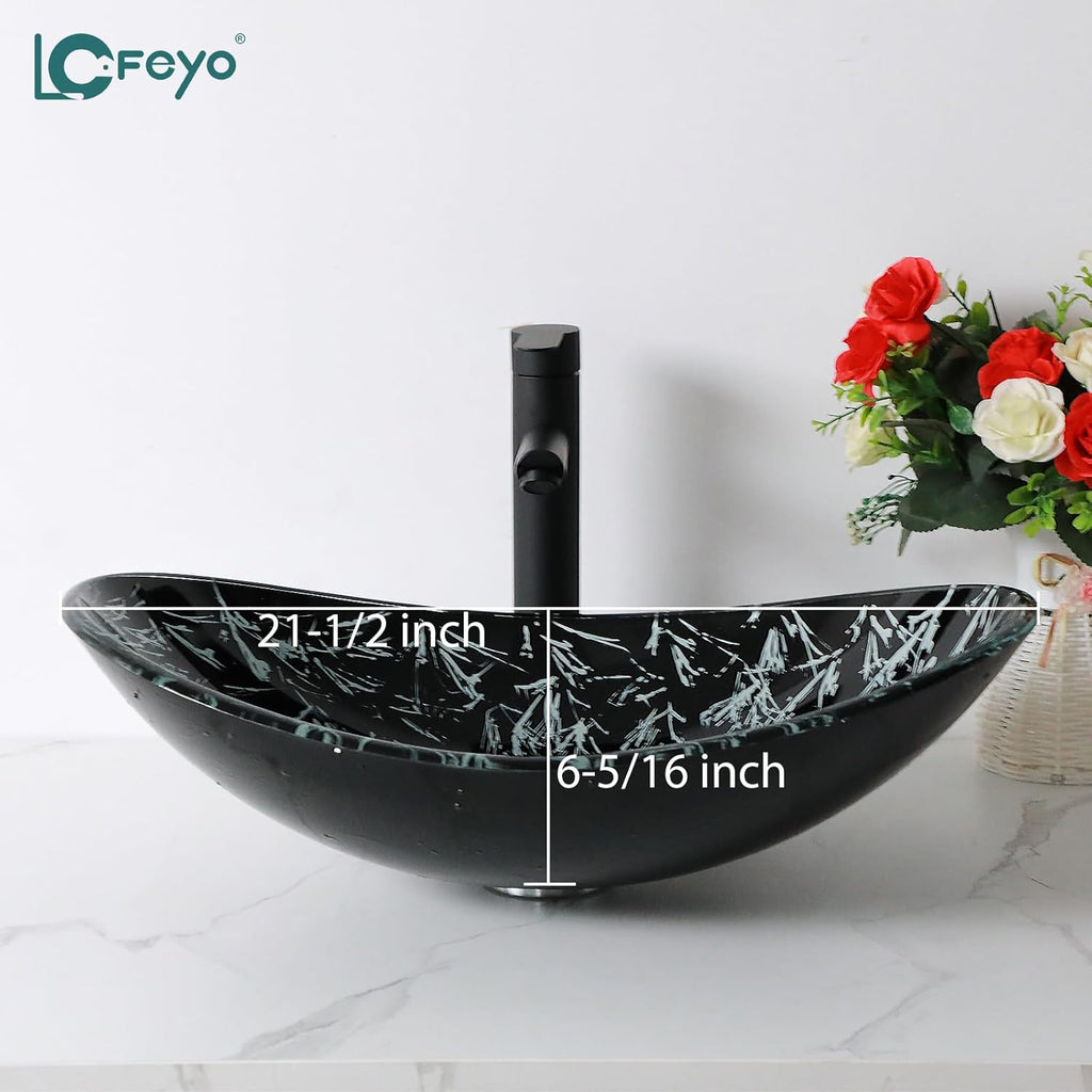 Bathroom Sink 21in  Black Glass Vessel Sink With Faucet And Drain Combo Modern Boat Shape Artistic Basin Bathroom Vessel Sink Above Counter Small 6in  Deep Vessel sink Oval Sink LOF-BL33560
