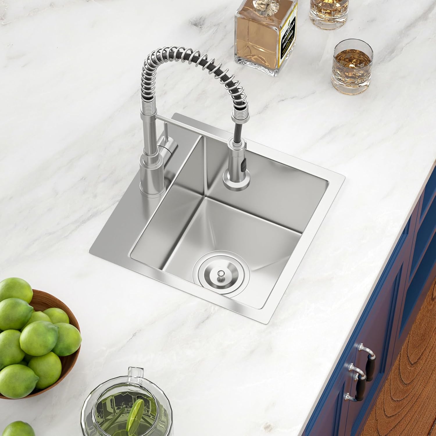 15in x 15in  Drop In Bar Sink 16 Gauge Stainless Steel Handmade Contemporary Single Bowl Square Kitchen Sink Bar Prep RV Kitchen Sink Basin