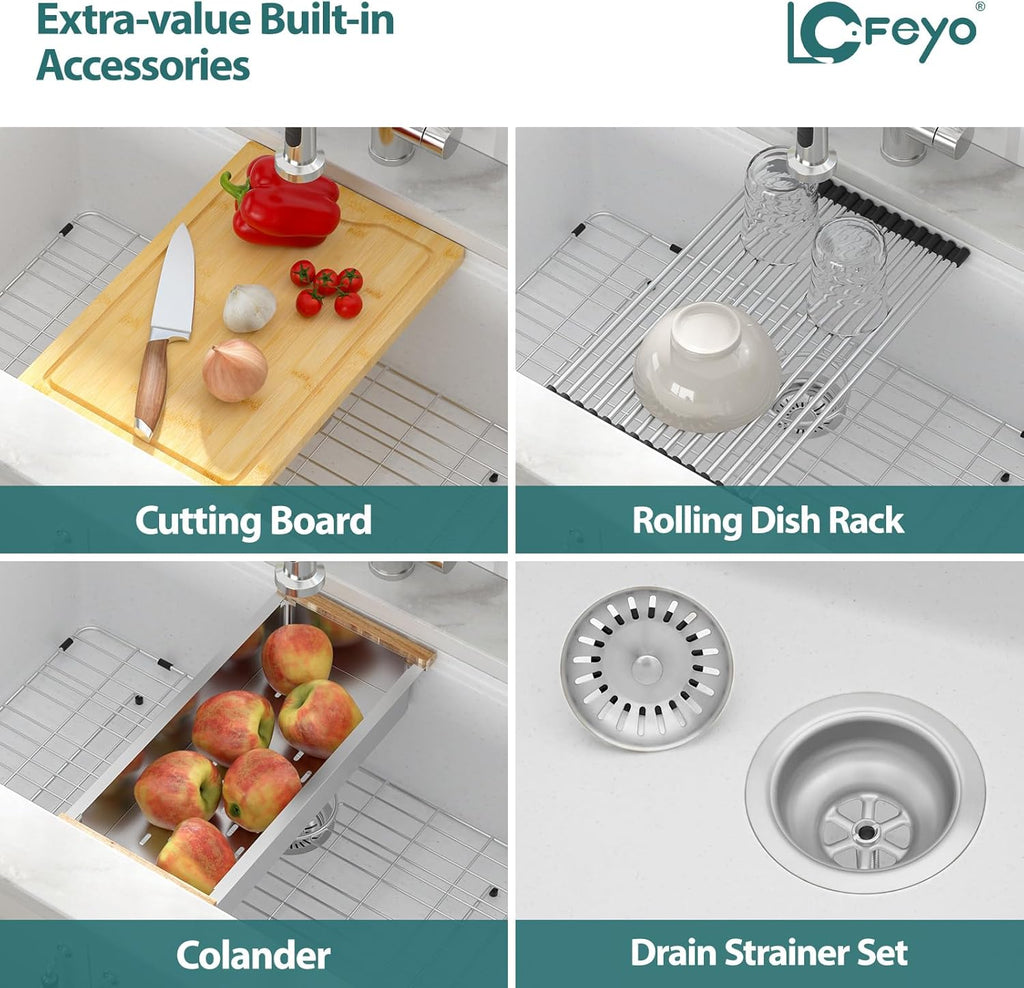30 White Undermount Kitchen Sink 30in x19in  Workstation Granite Composite Quartz Sink Granite Sink Undermount Quartz Modern Under Counter Ledge Single Bowl Kitchen Sinks Basin Deep Sink,LOF-Q497B