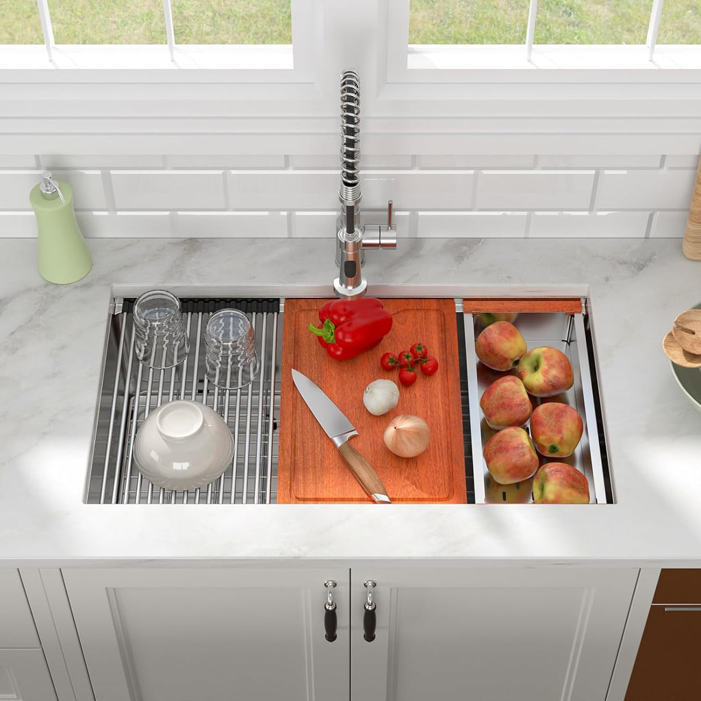 33 Undermount Sink Workstation - Lofeyo 33in x19in  Kitchen Sinks 16 Gauge Stainless Steel Ledge Workstation Single Bowl Under Counter Rectangular Large Bowl Handmade Sink Basin