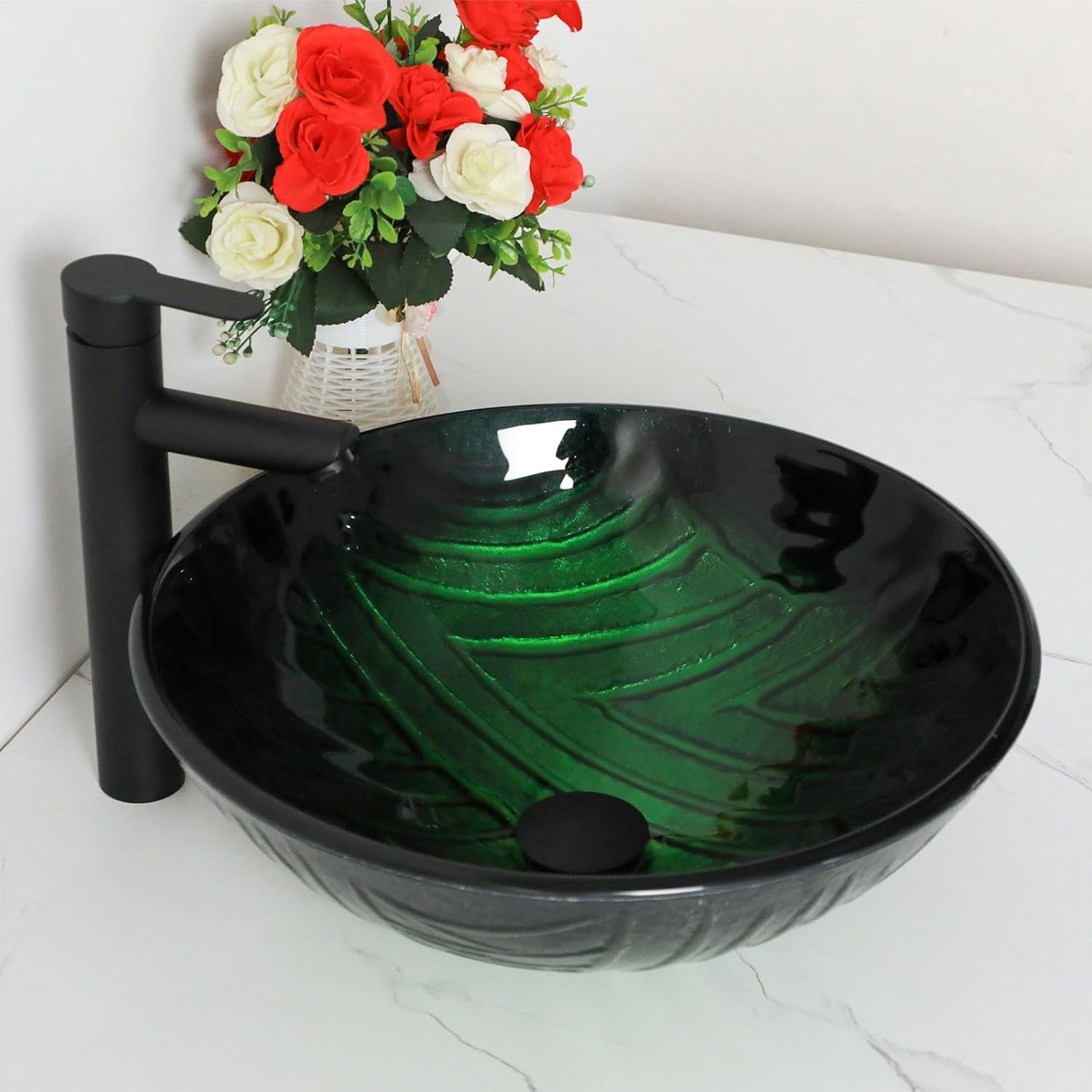 Small Bathroom Sink 17in  Green Glass Vessel Sink With Faucet And Drain Combo Modern Round Shape Artistic Basin Bathroom Vessel Sink Above Counter Small 5in  Deep Vessel Sink LOF-BL33556
