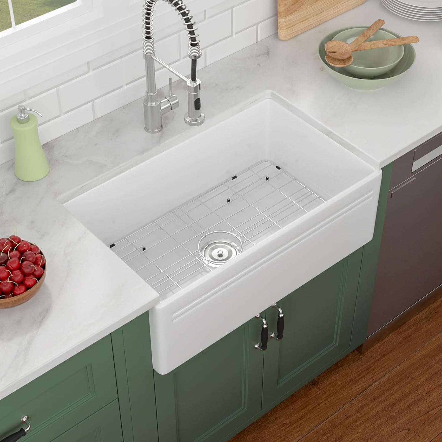 30in x18in  White Farmhouse Sink Lofeyo Dual Mount 30 Inch Farm Sink Fireclay Apron Front Rectangular Single Bowl Deep Kitchen Sinks Farm Barn Kitchen Sink Modern Accessory Kit Included,Lof-LWFS3018S