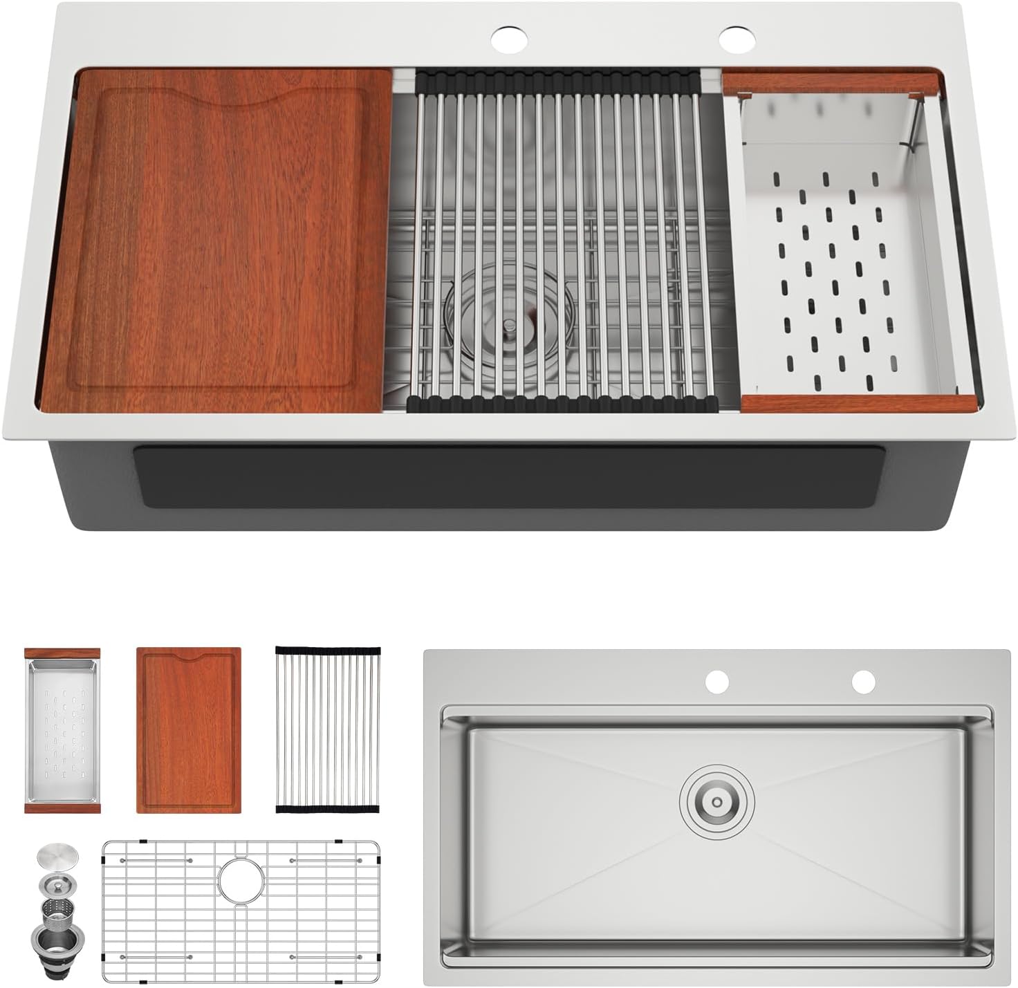 36in x19in  Drop In Kitchen Sink Workstation 304 Stainless Steel 16 Guage Handmade Topmount Single Bowl Modern Deep Kitchen Sink Basin,LOF-B9996