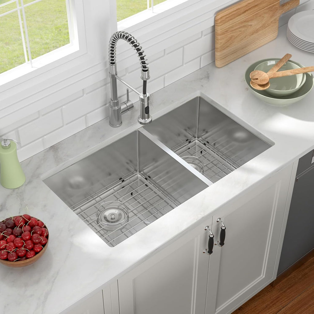 33 Kitchen Sink Double Bowl - Lofeyo 33 x 19 Stainless Steel Kitchen Sink 60/40 Double Basin 16 Gauge Round Corner Undermount Kitchen Sink Basin