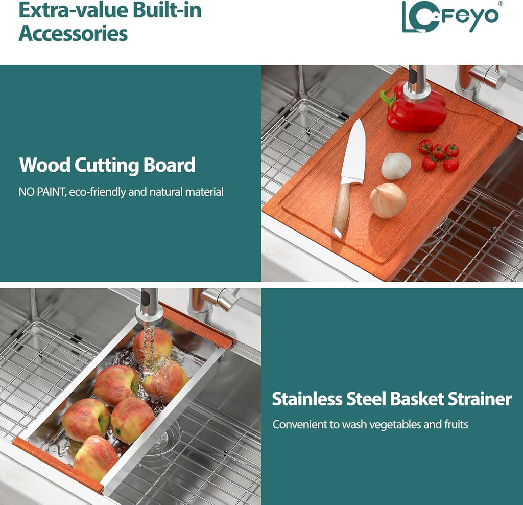 36in x19in  Drop In Kitchen Sink Workstation 304 Stainless Steel 16 Guage Handmade Topmount Single Bowl Modern Deep Kitchen Sink Basin,LOF-B9996
