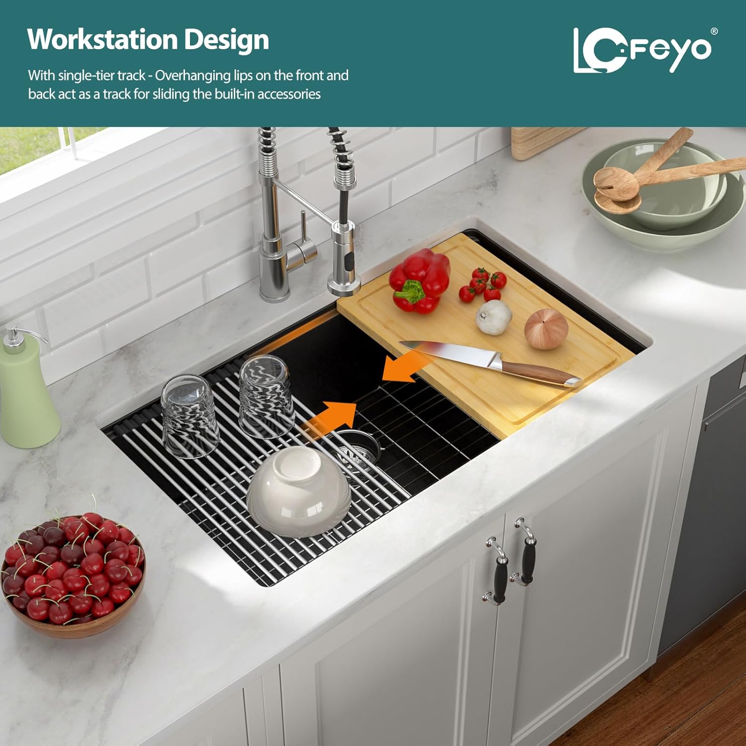 Multifunctional 33 Granite Composite Workstation Kitchen Sink with Accessories and Integrated Ledge Modern Undermount Matte Black Granite Quartz Composite Single Bowl Deep Kitchen Sink Basin