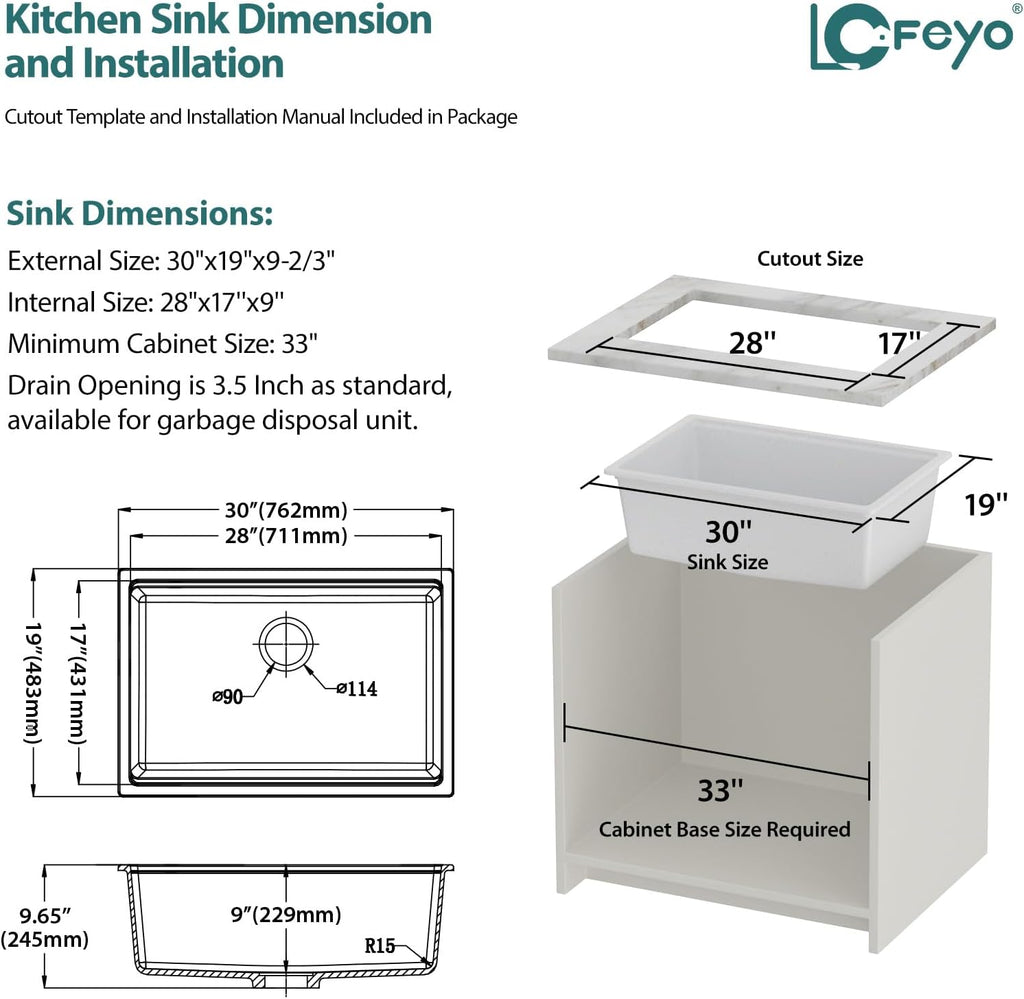 30 White Undermount Kitchen Sink 30in x19in  Workstation Granite Composite Quartz Sink Granite Sink Undermount Quartz Modern Under Counter Ledge Single Bowl Kitchen Sinks Basin Deep Sink,LOF-Q497B