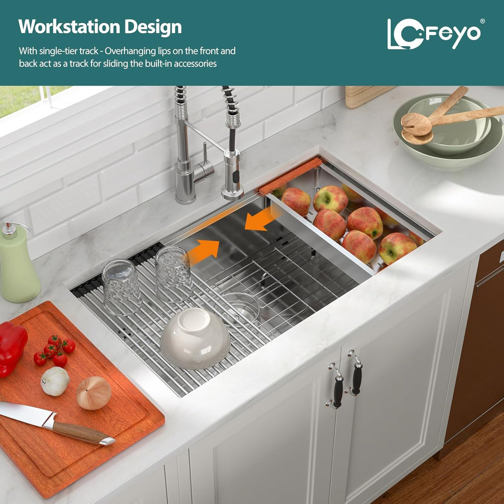 33 Undermount Sink Workstation - Lofeyo 33in x19in  Kitchen Sinks 16 Gauge Stainless Steel Ledge Workstation Single Bowl Under Counter Rectangular Large Bowl Handmade Sink Basin