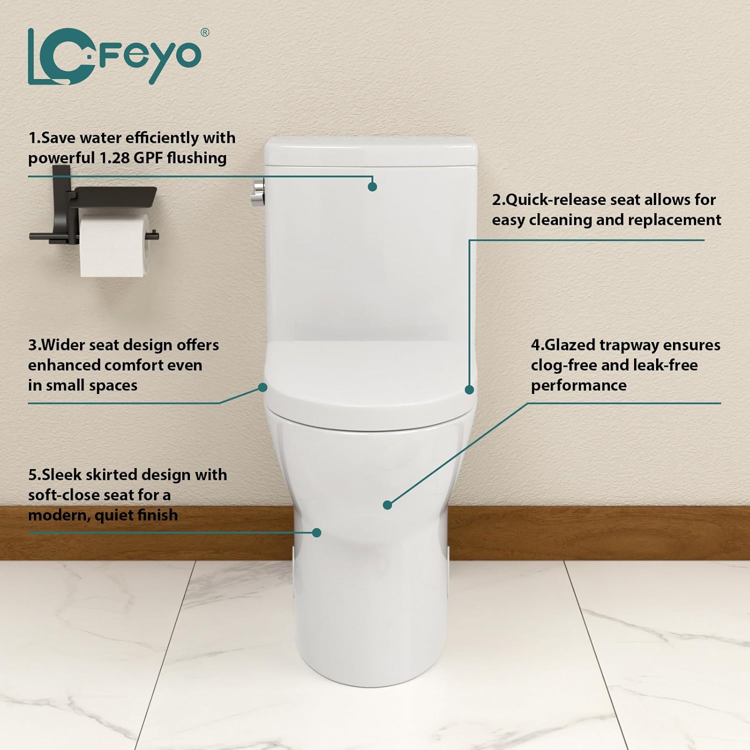 LOF-T1018 Elongated Quick Side Flush Toilet 0.8/1.28 GPF One Piece Toilet Compact Toilet Toilet With Comfortable Seat Hight Powerful Quick Flush Modern Standard White Bathroom Toilet