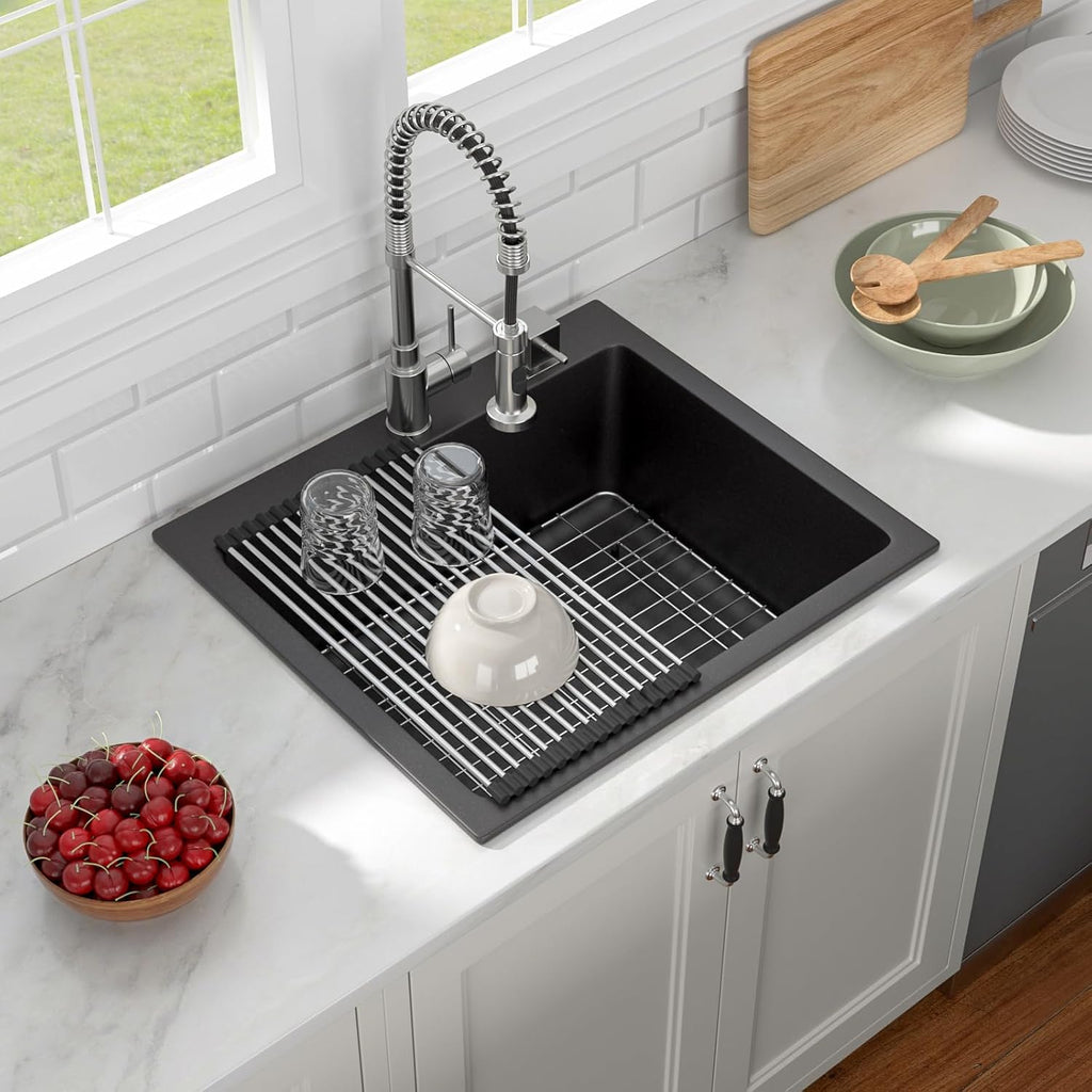 25x22 Inch Black Granite Composite Drop In Kitchen Sink Top mount Quartz Single Bowl Contemporary Kitchen Deep Sink Basin with Counter Ledge