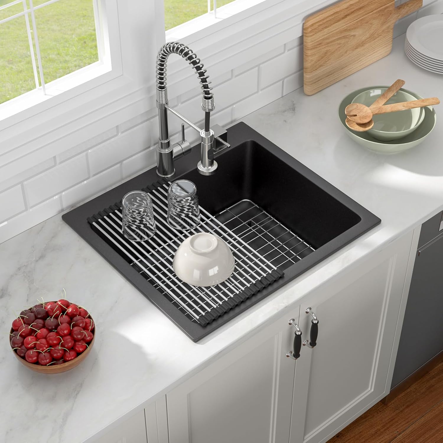25x22 Inch Black Granite Composite Drop In Kitchen Sink Top mount Quartz Single Bowl Contemporary Kitchen Deep Sink Basin with Counter Ledge