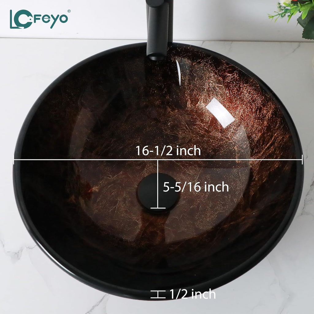 Small Bathroom Sink 17in  Brown Glass Vessel Sink With Faucet And Drain Combo Modern Round Shape Artistic Basin Bathroom Vessel Sink Above Counter Small 5in  Deep Vessel Sink LOF-BL33558