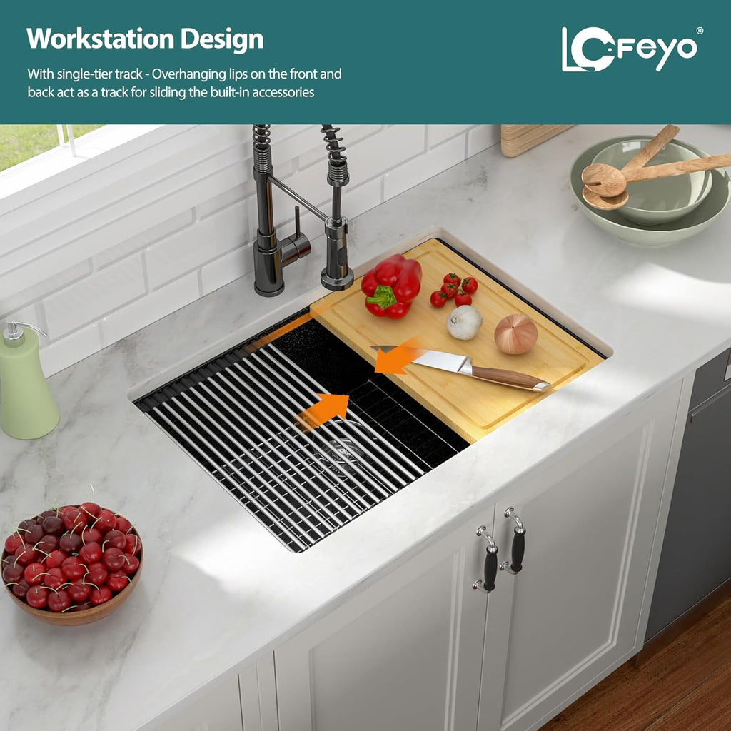 Black Undermount Kitchen Sink 28in x19in  Workstation Granite Composite Quartz Sink Small Granite Sink Quartz Modern Under Counter Ledge Single Bowl Kitchen Sinks Basin Deep Sink,LOF-Q457C